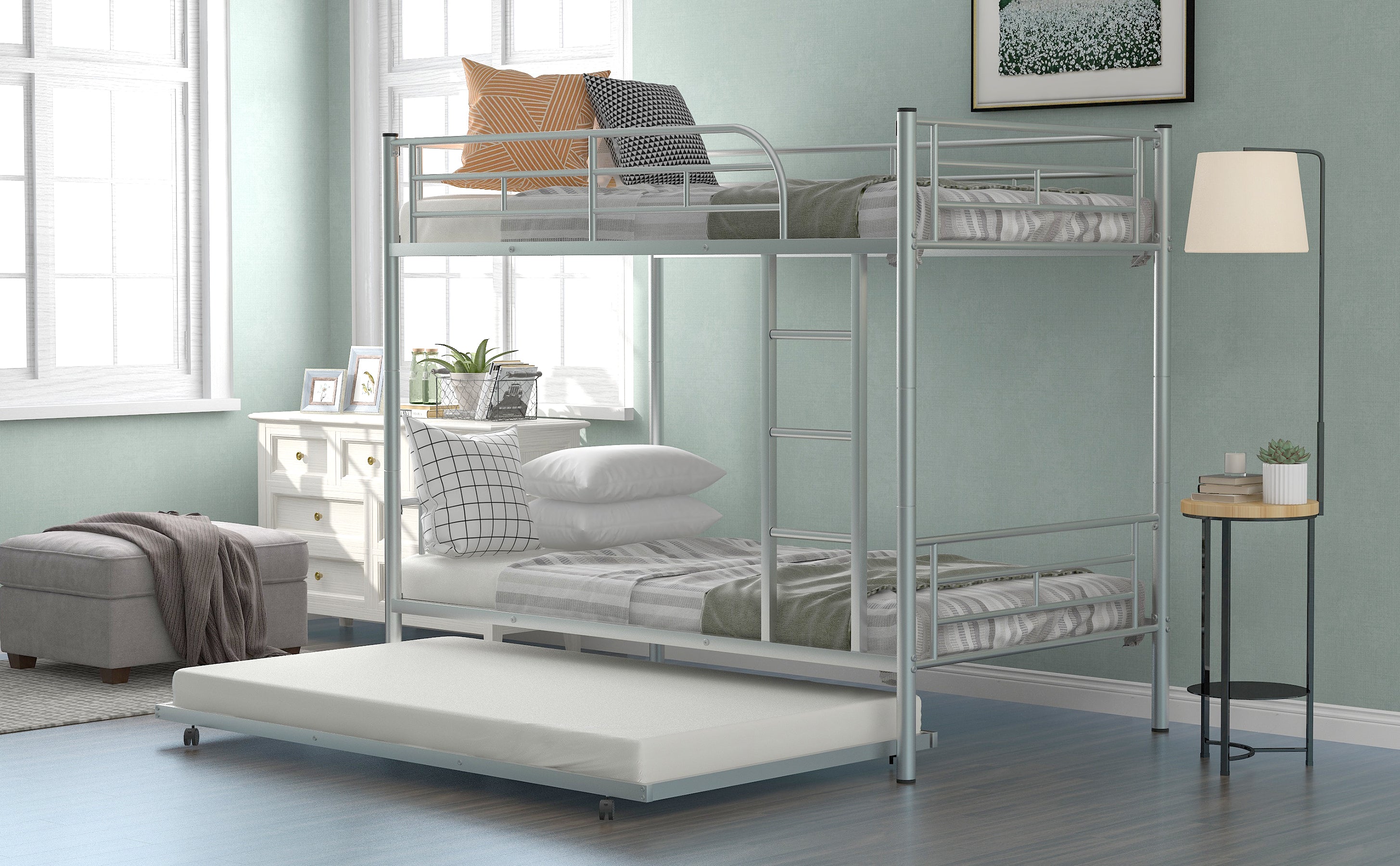 Twin-Over-Twin Metal Bunk Bed With Trundle,Can be Divided into two beds,No Box Spring needed ,White