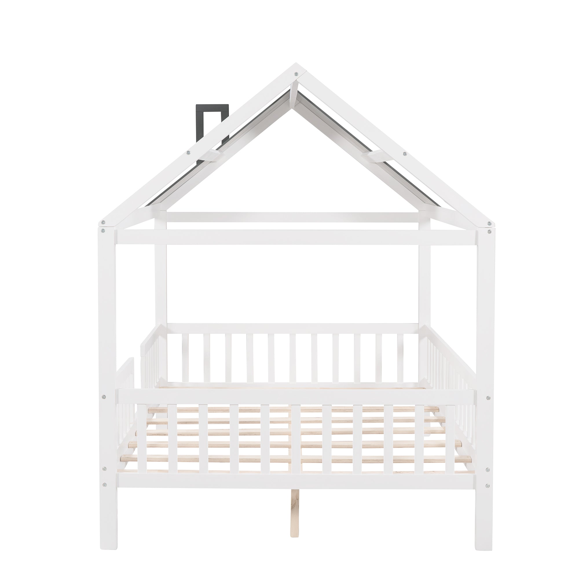 Full Size Wood House Bed with Fence, White+Gray