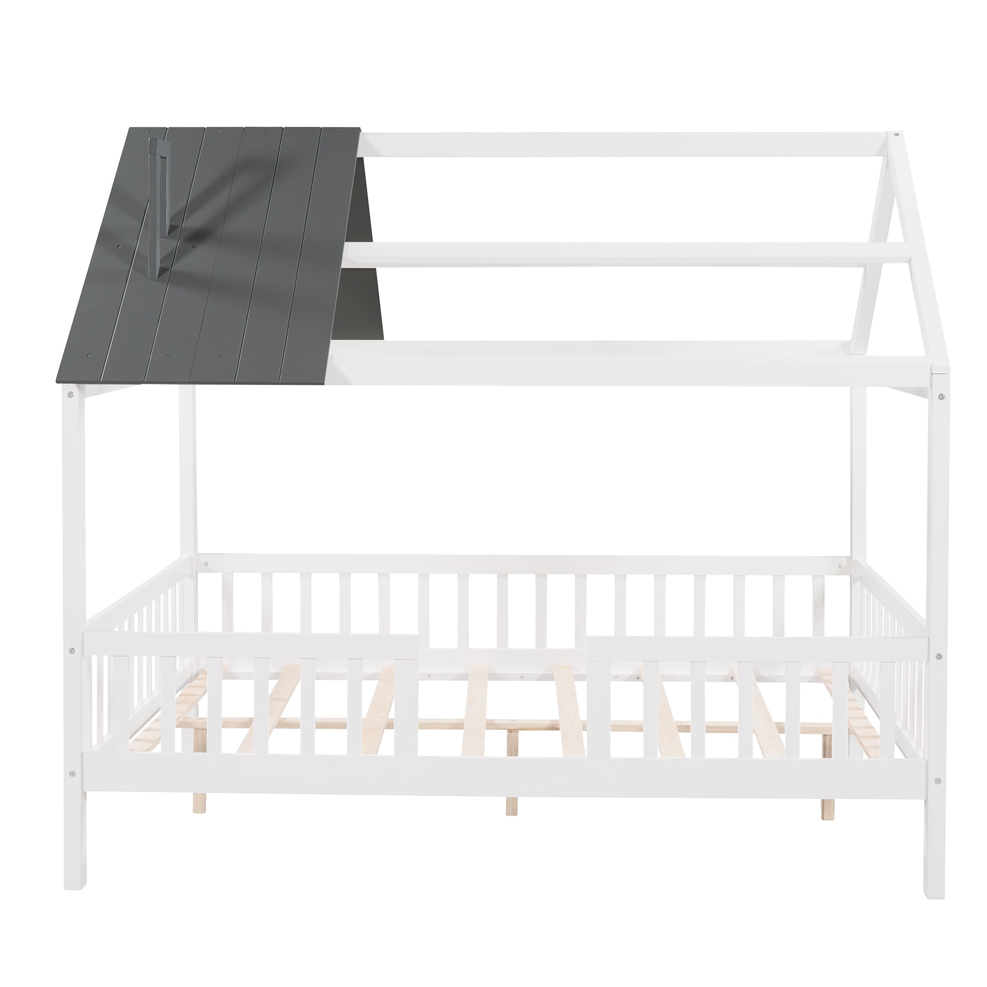 Full Size Wood House Bed with Fence, White+Gray