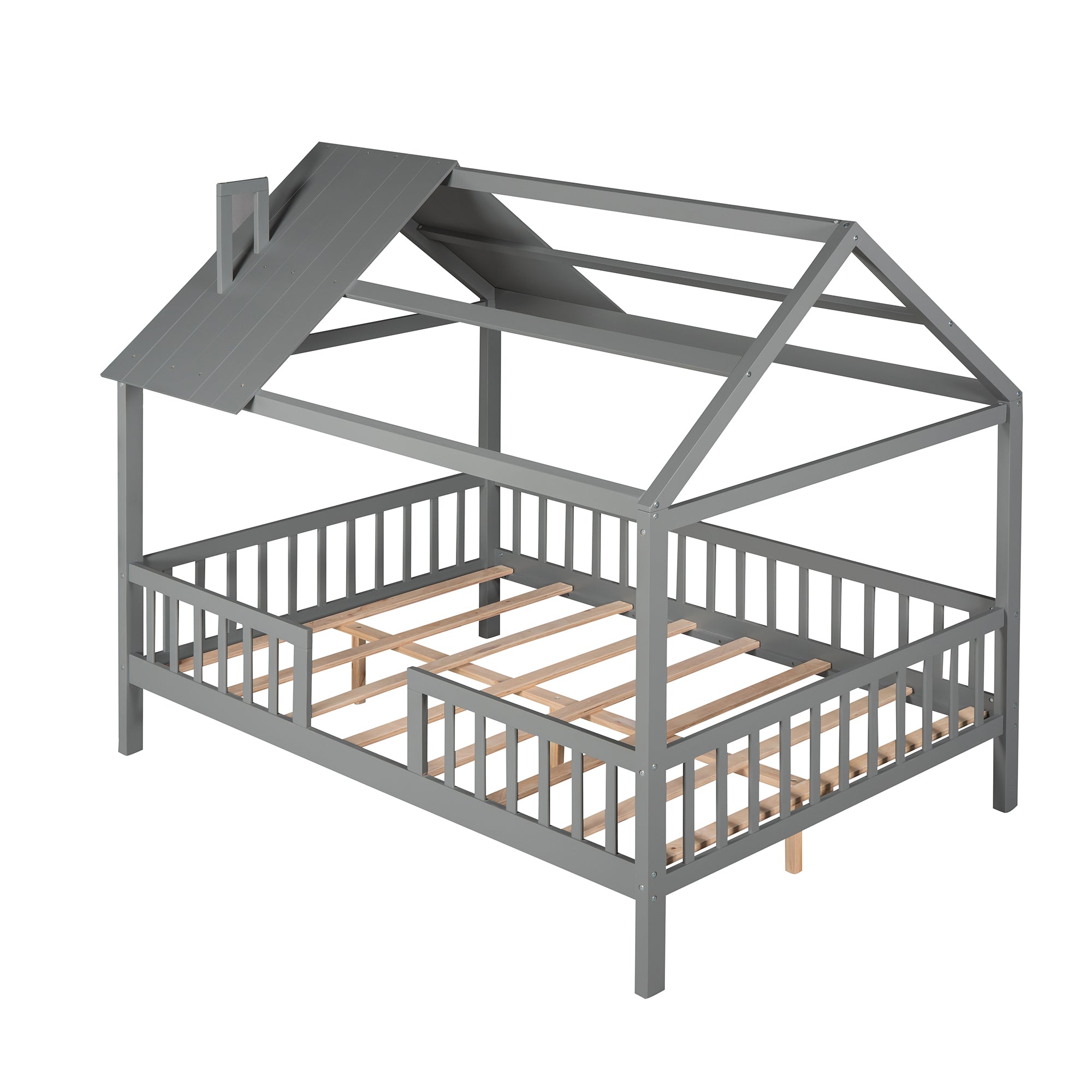 Full Size Wood House Bed with Fence, Gray