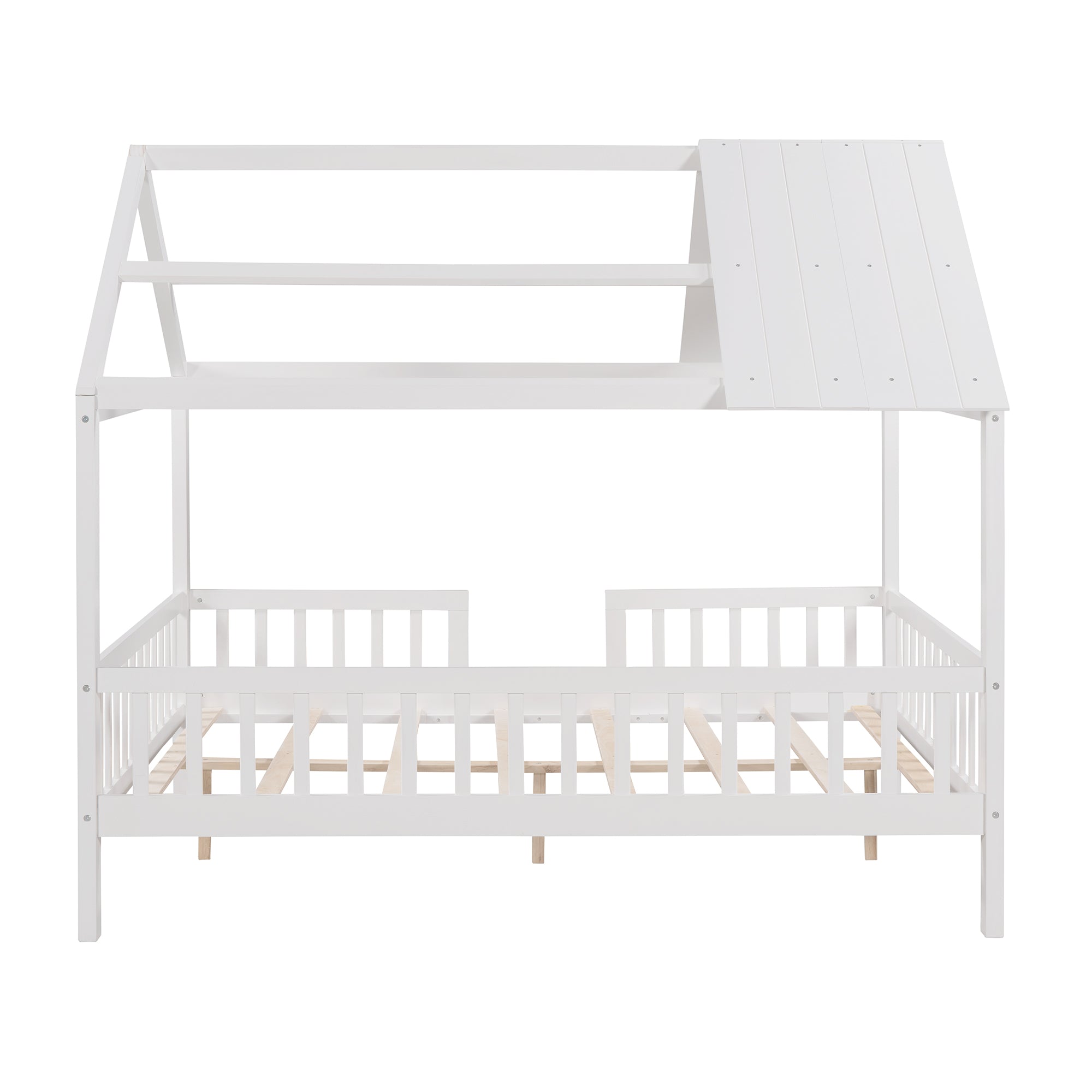 Full Size Wood House Bed with Fence, White