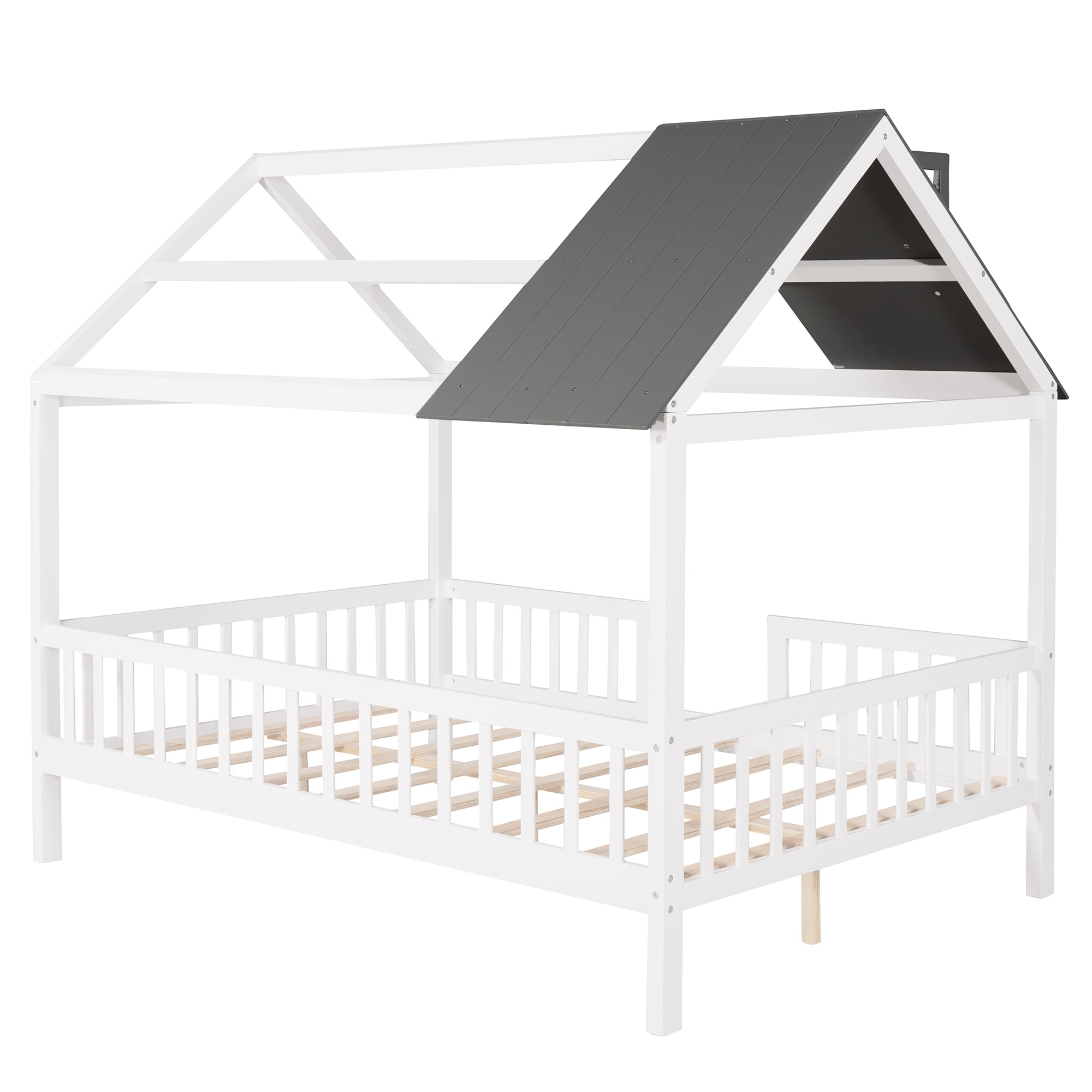 Full Size Wood House Bed with Fence, White+Gray