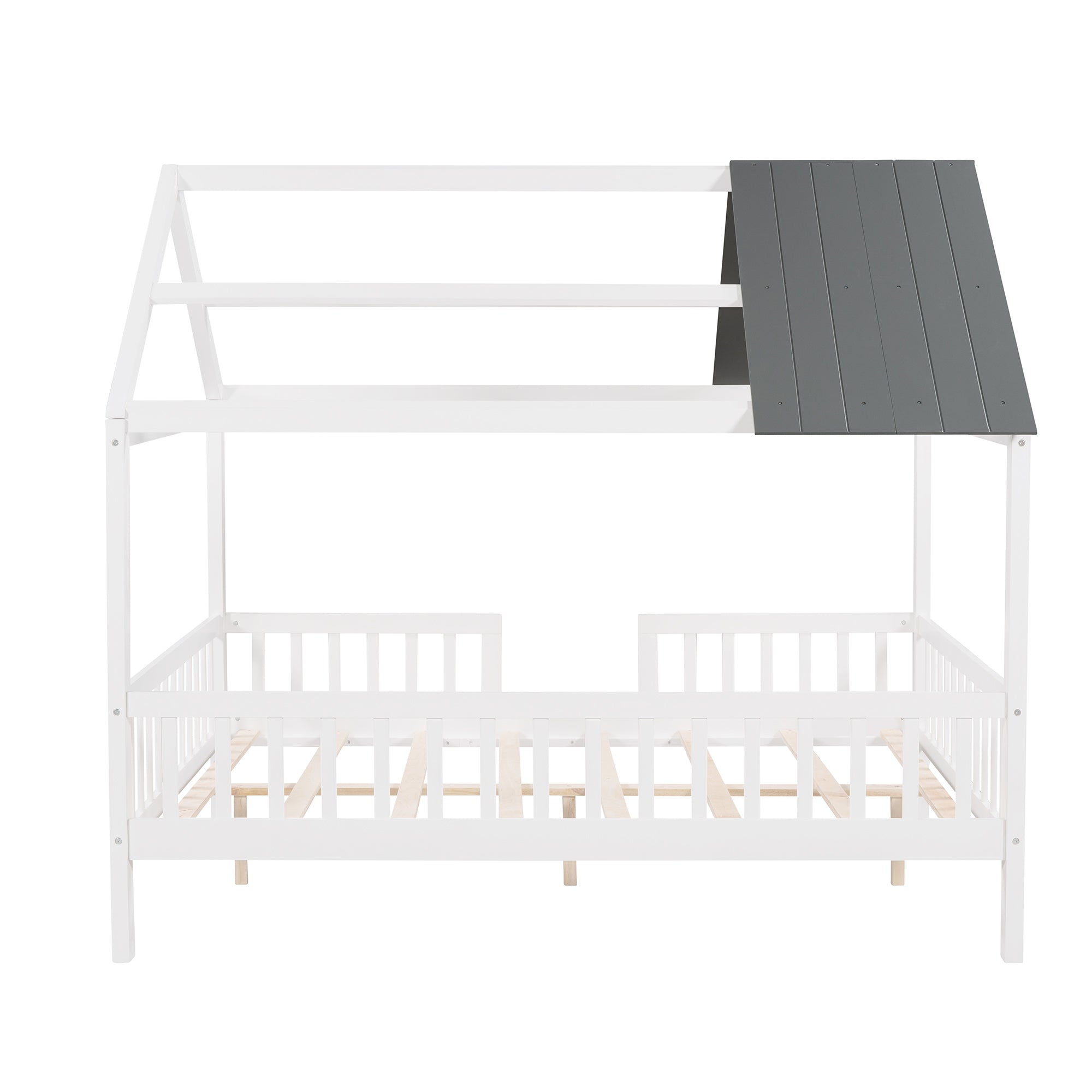 Full Size Wood House Bed with Fence, White+Gray