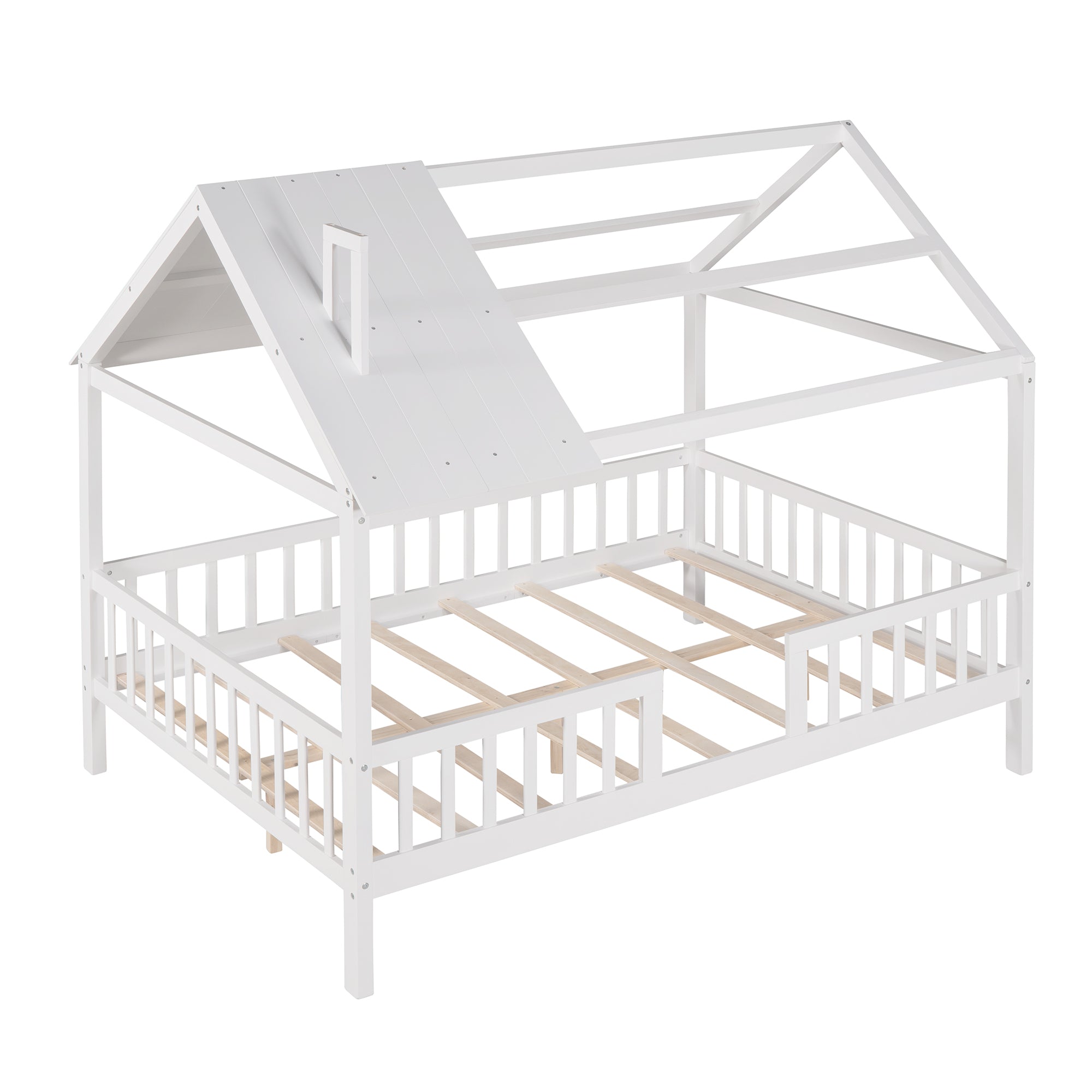 Full Size Wood House Bed with Fence, White