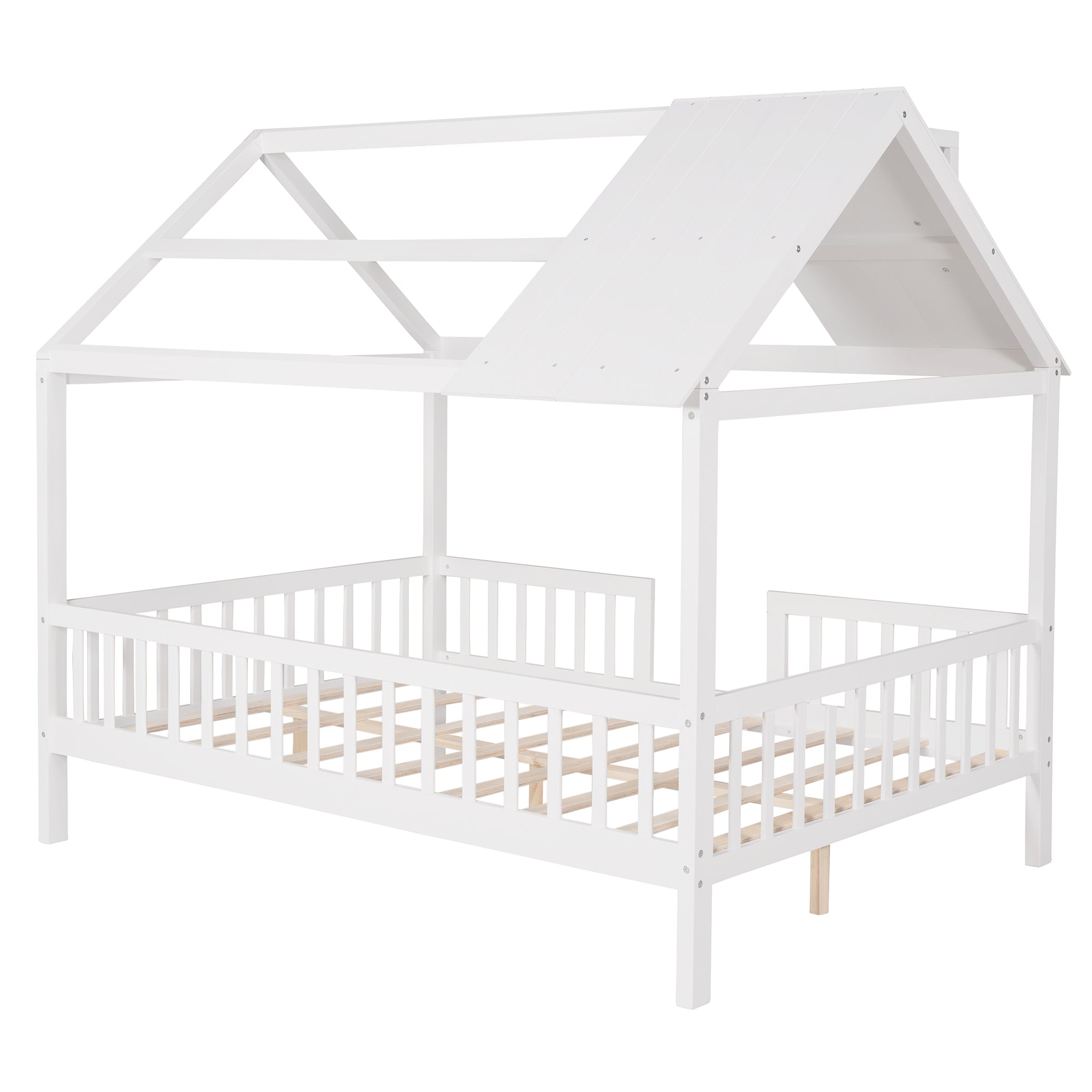 Full Size Wood House Bed with Fence, White