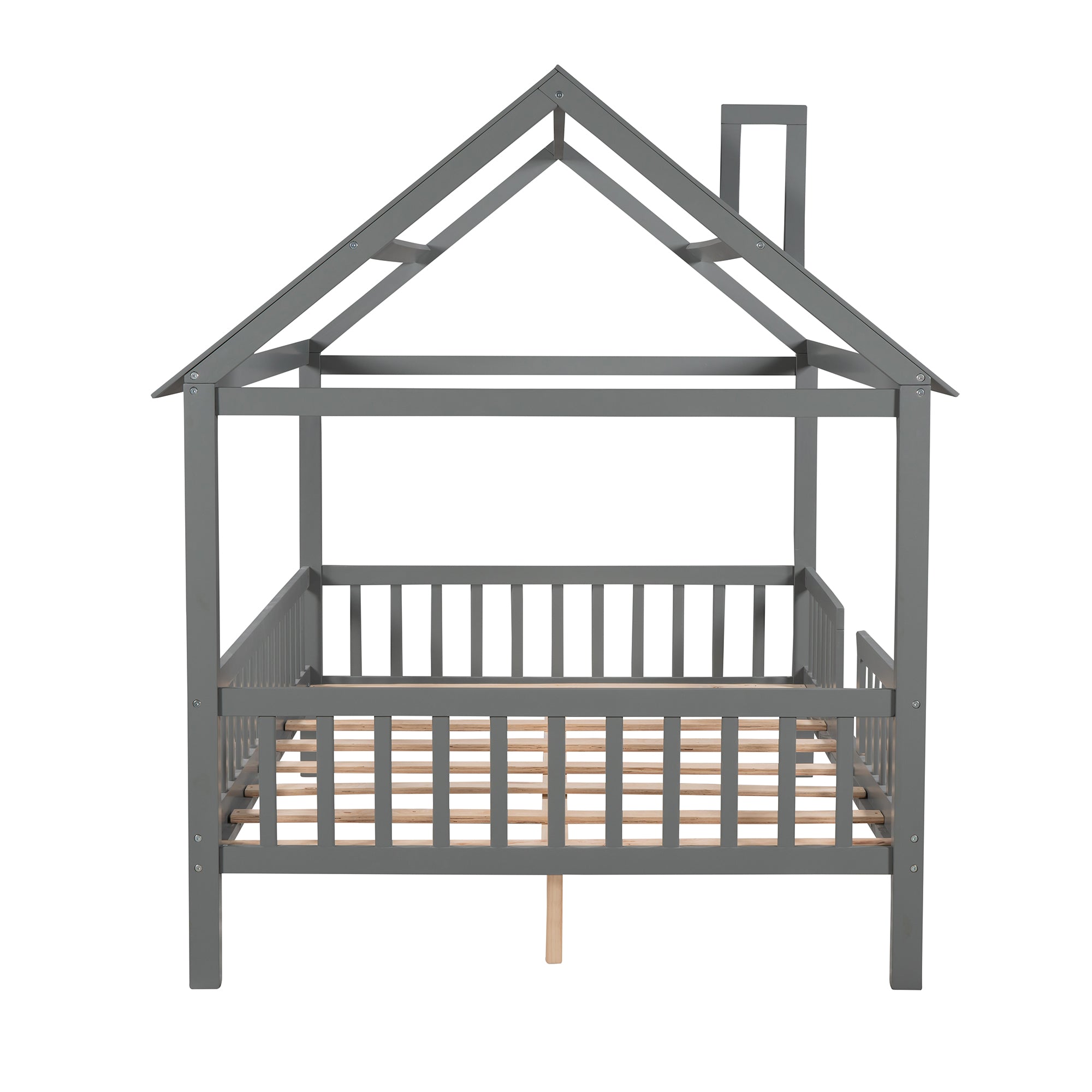 Full Size Wood House Bed with Fence, Gray