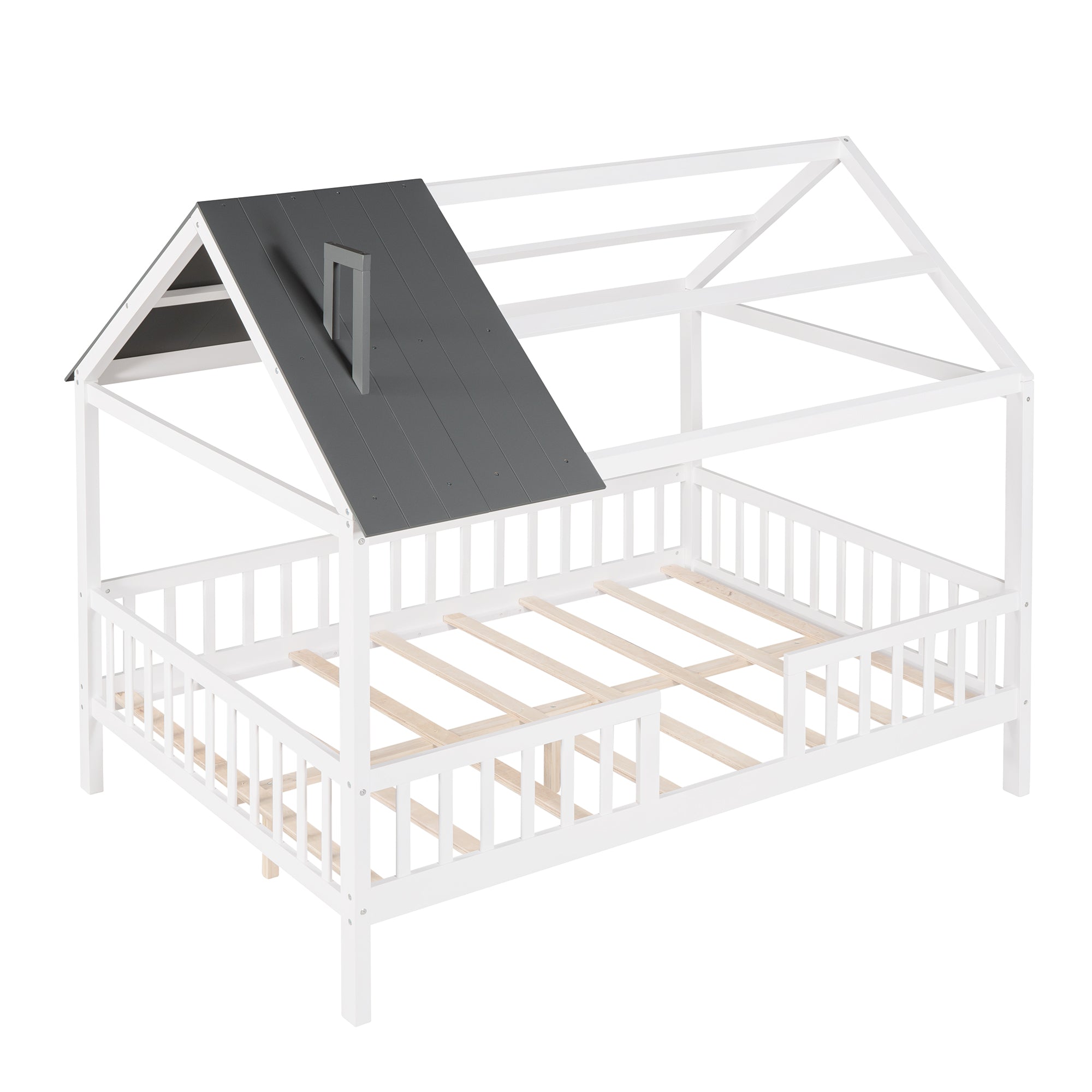 Full Size Wood House Bed with Fence, White+Gray