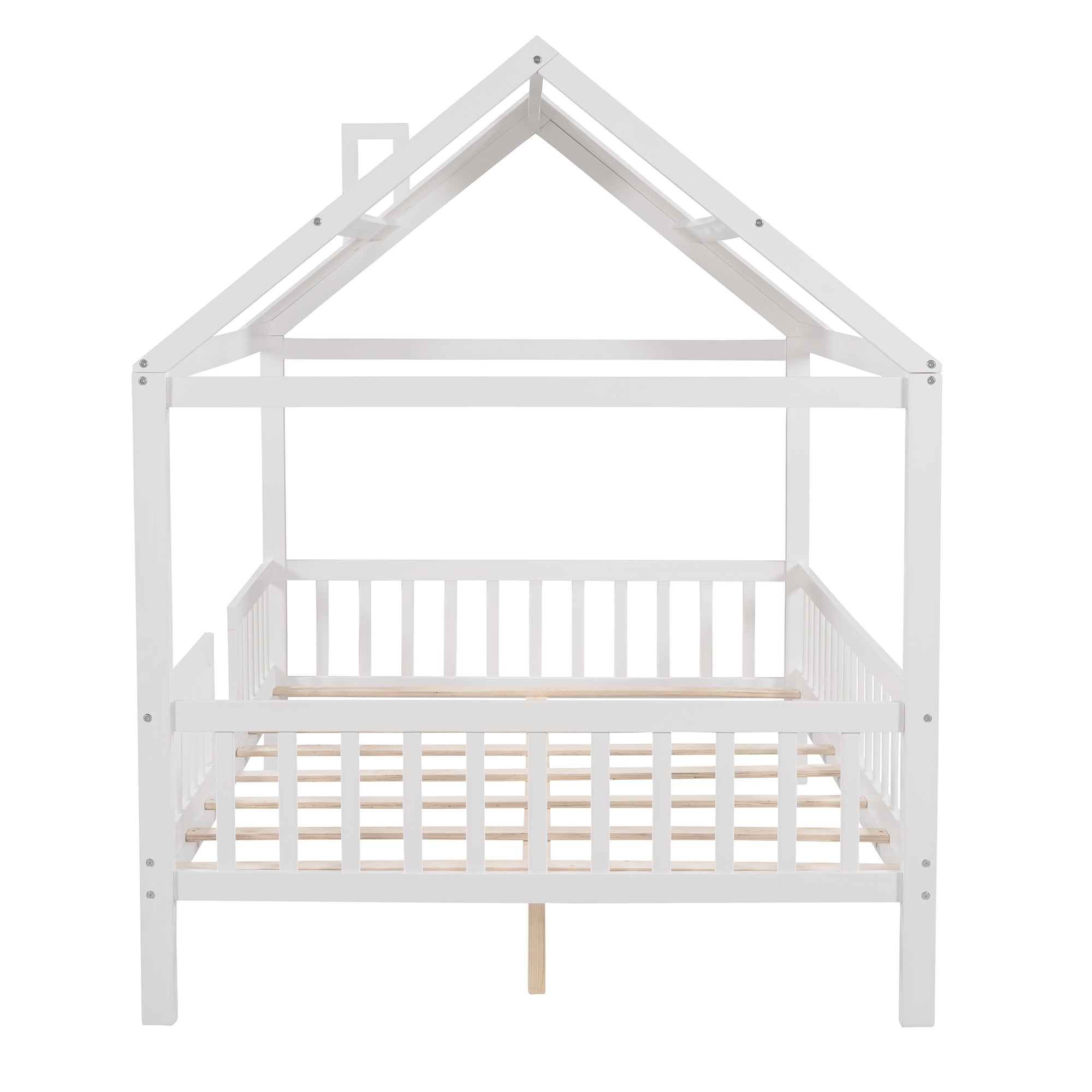 Full Size Wood House Bed with Fence, White