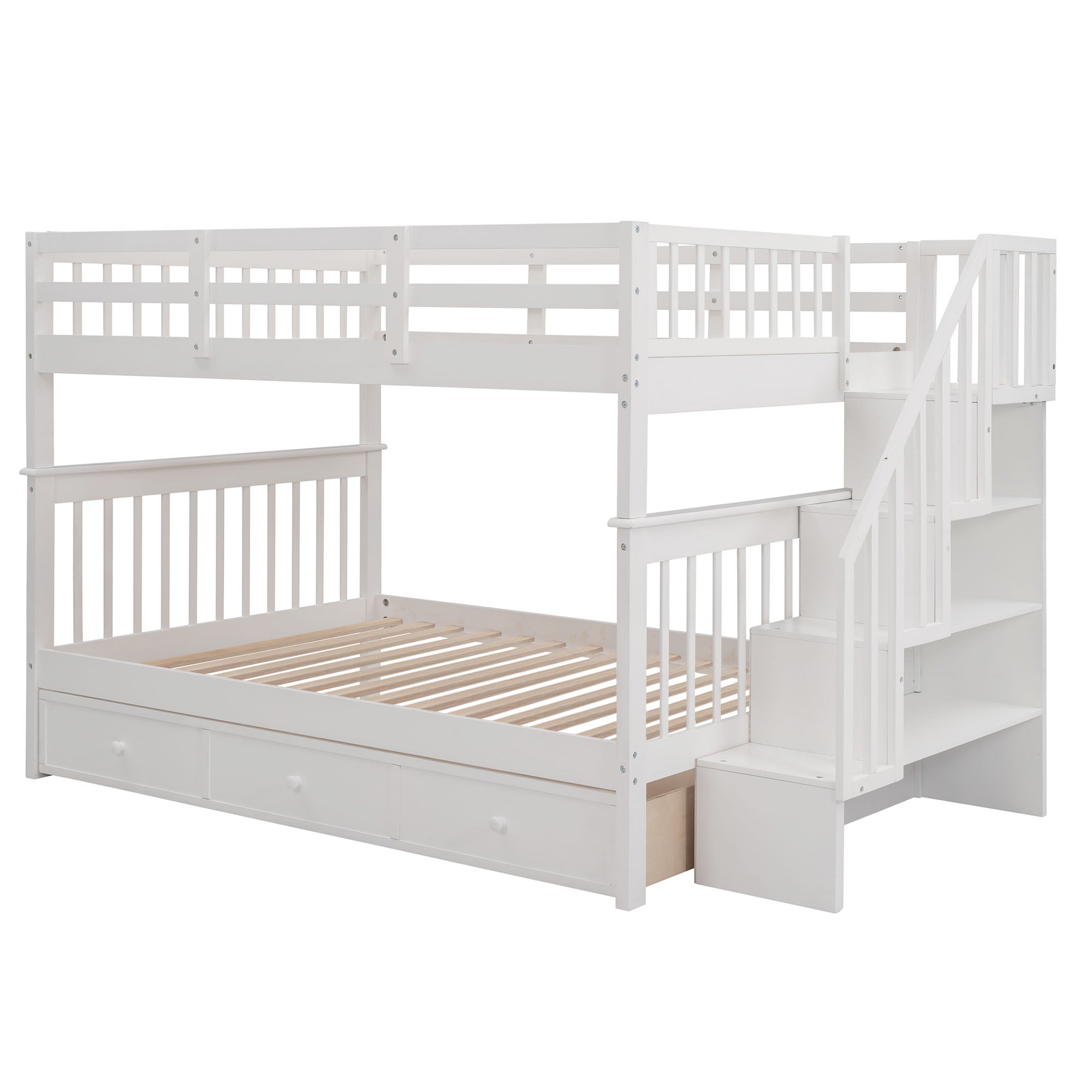 Stairway Full-Over-Full Bunk Bed with Drawer, Storage and Guard Rail for Bedroom, White