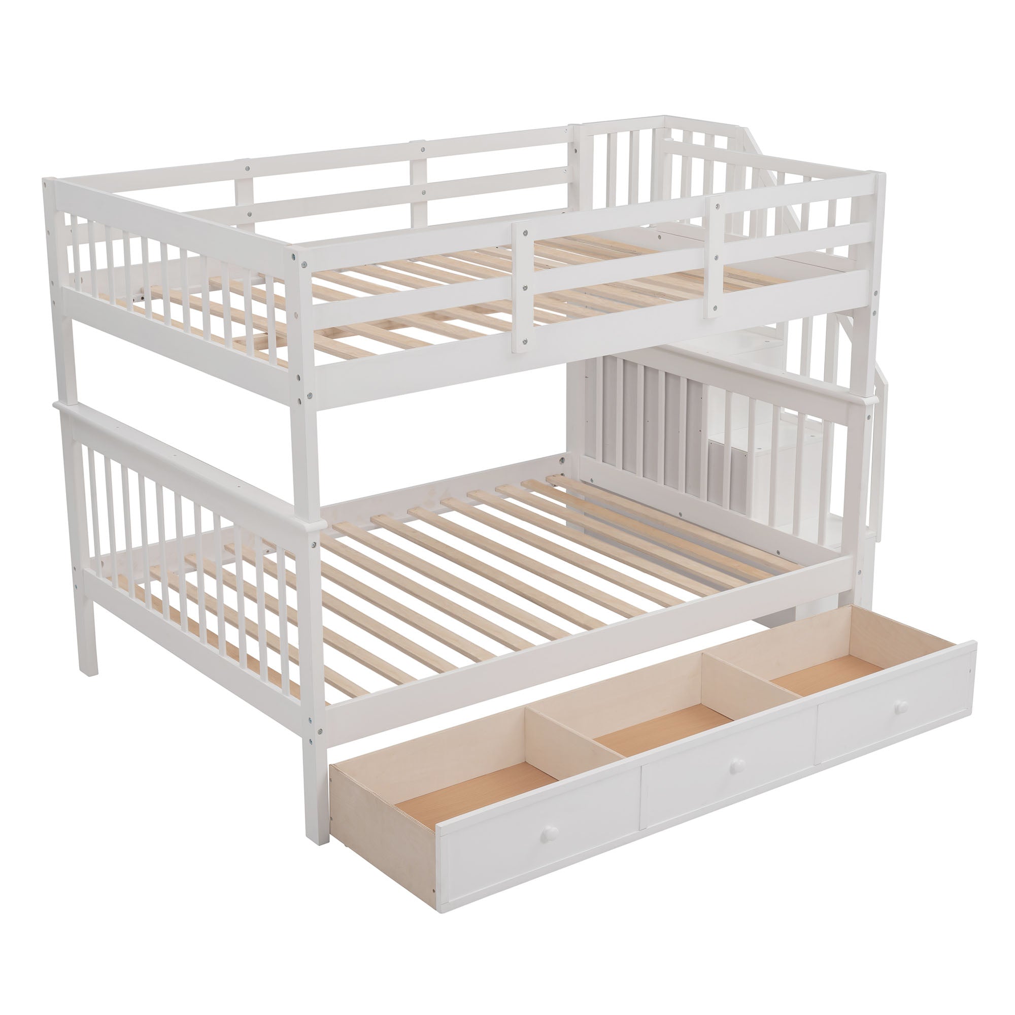 Stairway Full-Over-Full Bunk Bed with Drawer, Storage and Guard Rail for Bedroom, White