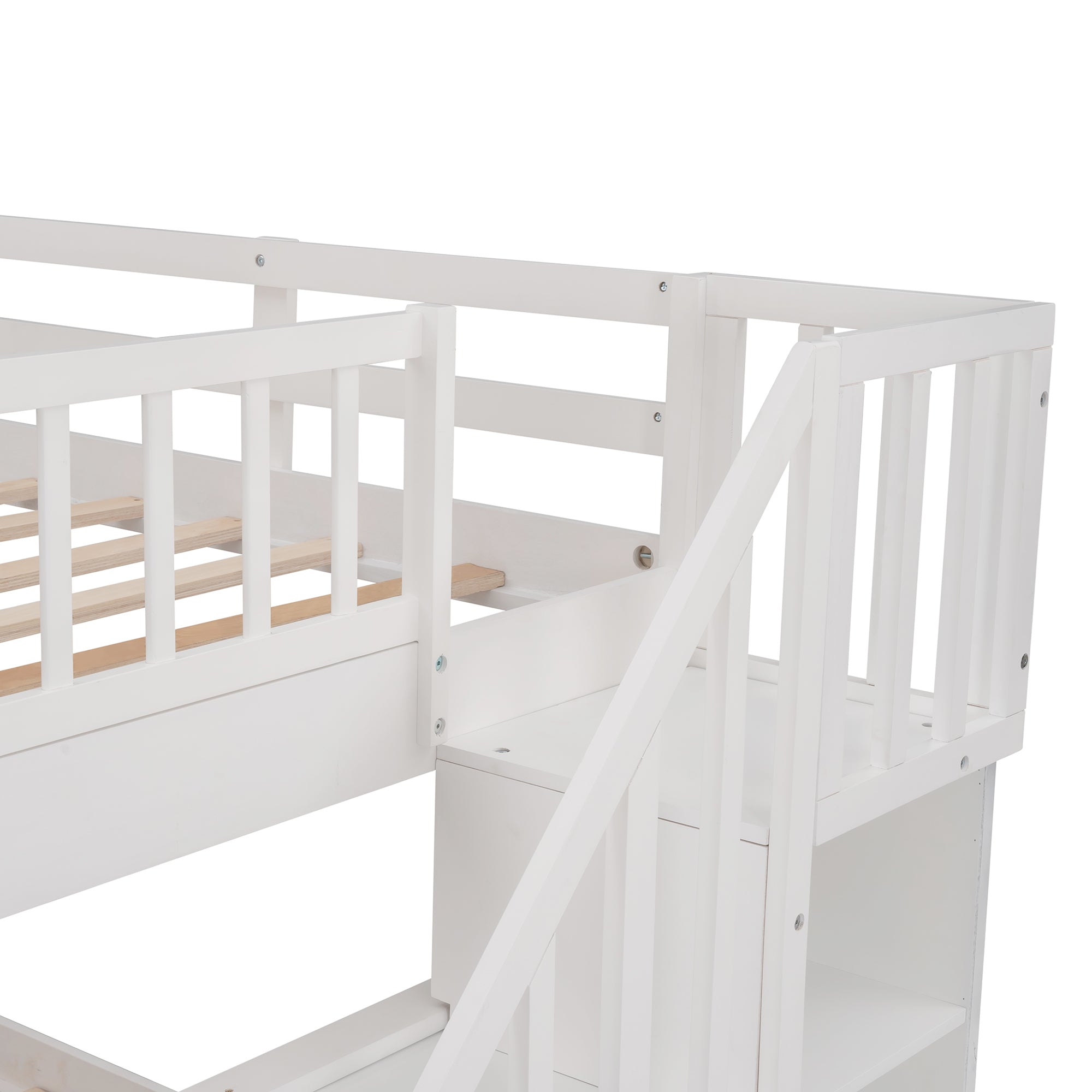 Stairway Full-Over-Full Bunk Bed with Drawer, Storage and Guard Rail for Bedroom, White