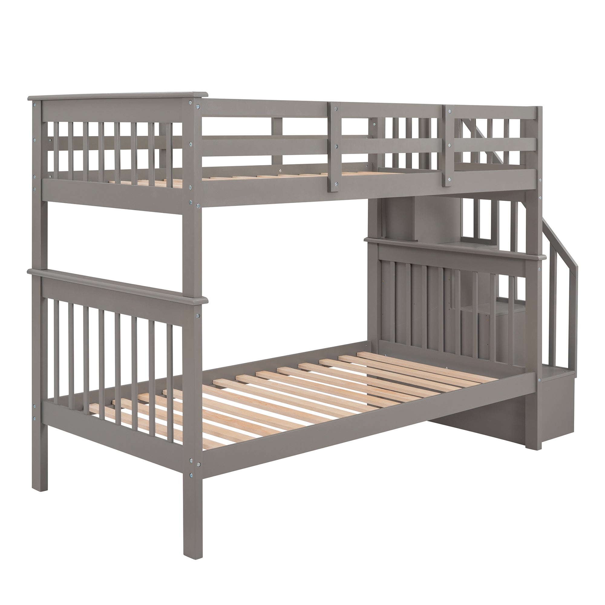 Stairway Twin-Over-Twin Bunk Bed with Storage and Guard Rail for Bedroom, Dorm, Gray color