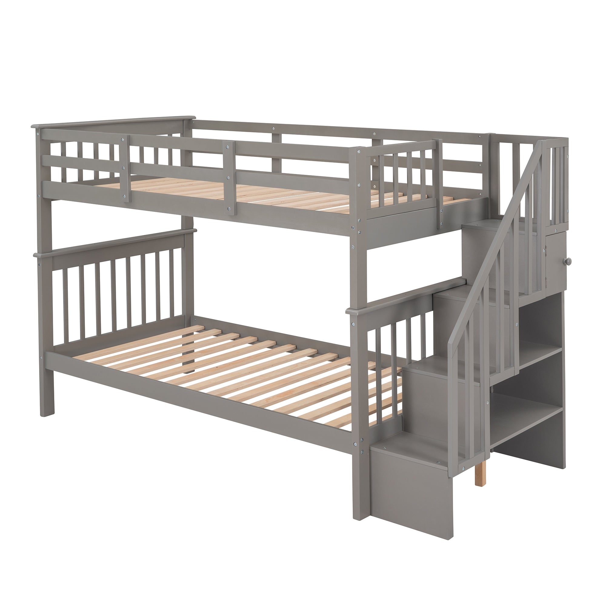 Stairway Twin-Over-Twin Bunk Bed with Storage and Guard Rail for Bedroom, Dorm, Gray color