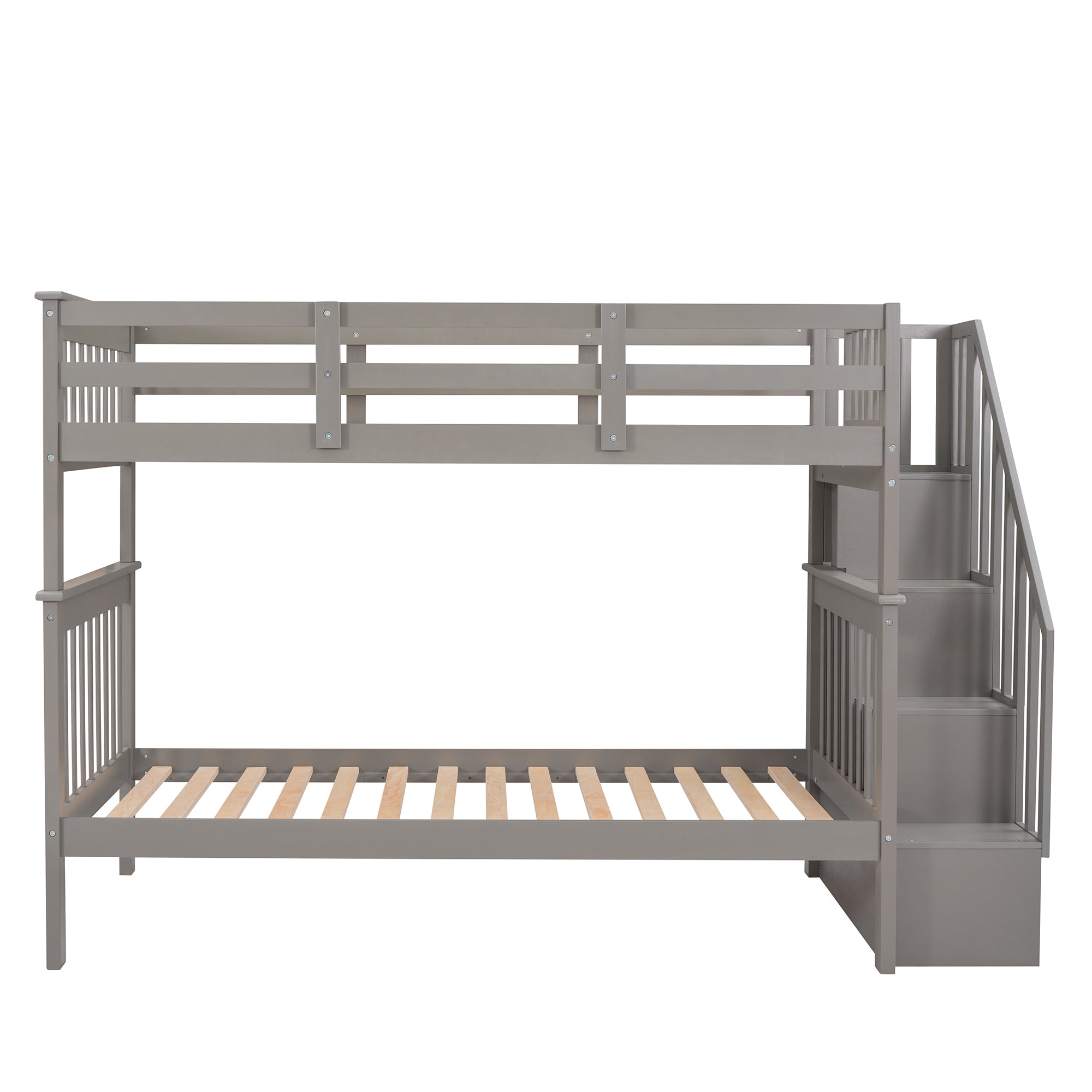 Stairway Twin-Over-Twin Bunk Bed with Storage and Guard Rail for Bedroom, Dorm, Gray color