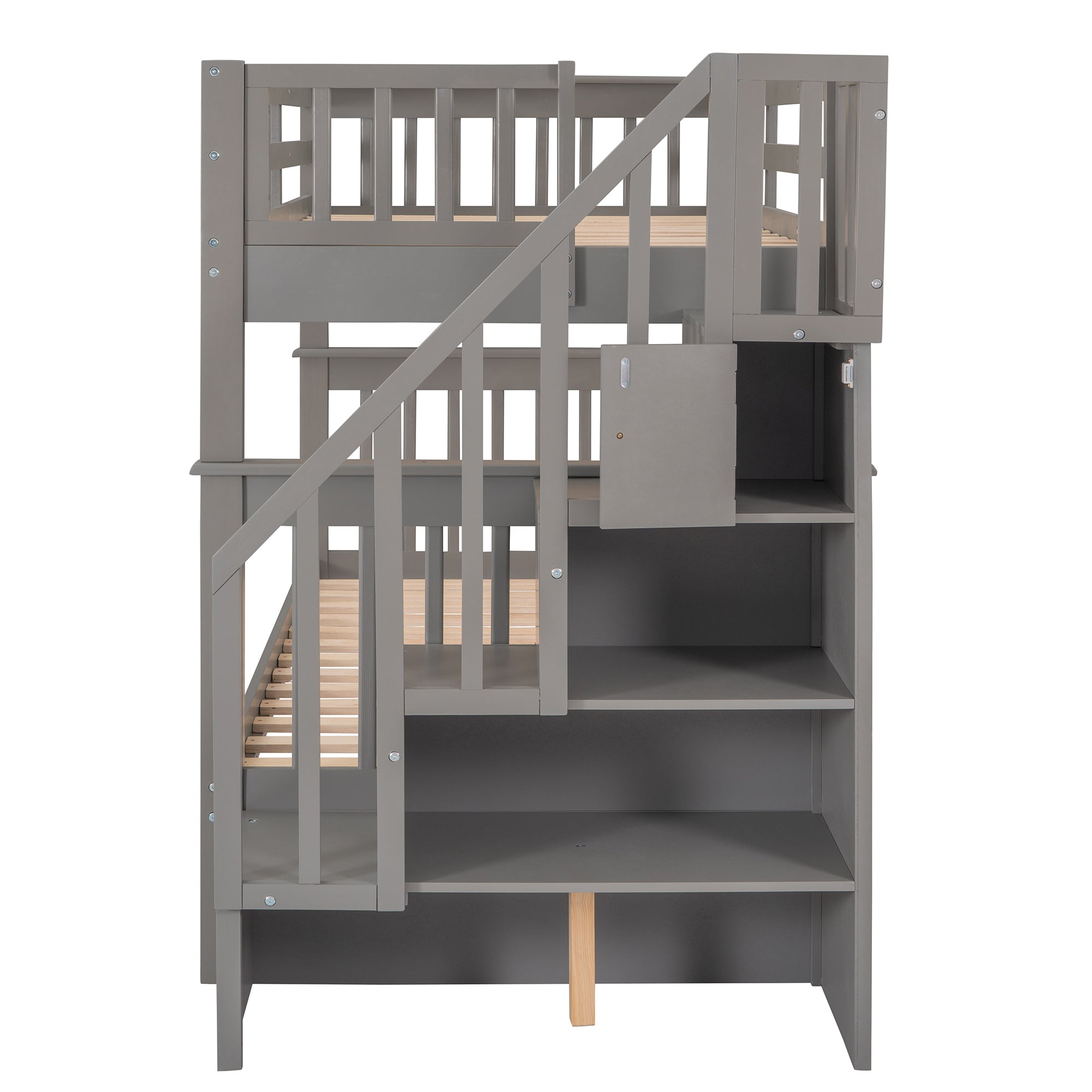 Stairway Twin-Over-Twin Bunk Bed with Storage and Guard Rail for Bedroom, Dorm, Gray color