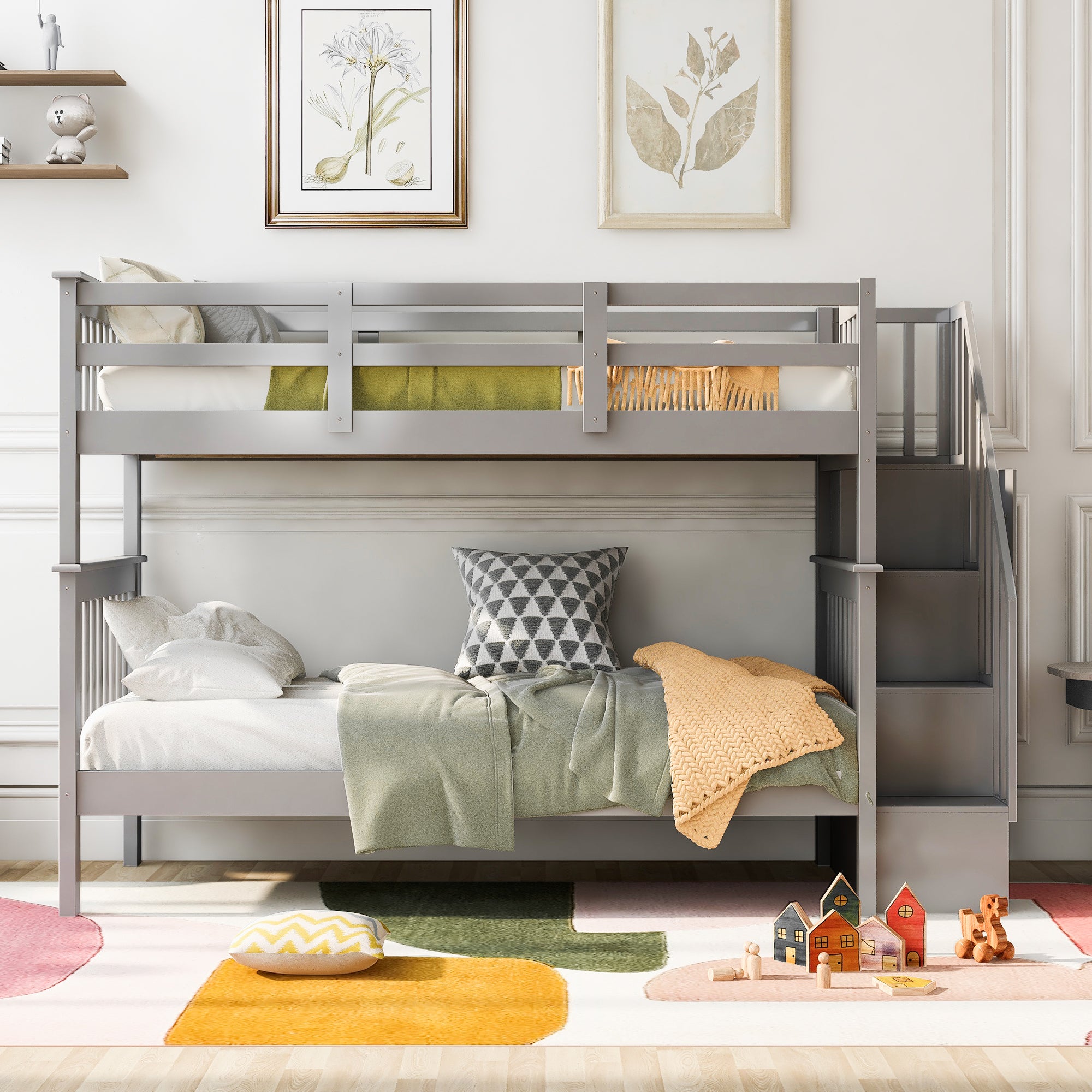 Stairway Twin-Over-Twin Bunk Bed with Storage and Guard Rail for Bedroom, Dorm, Gray color