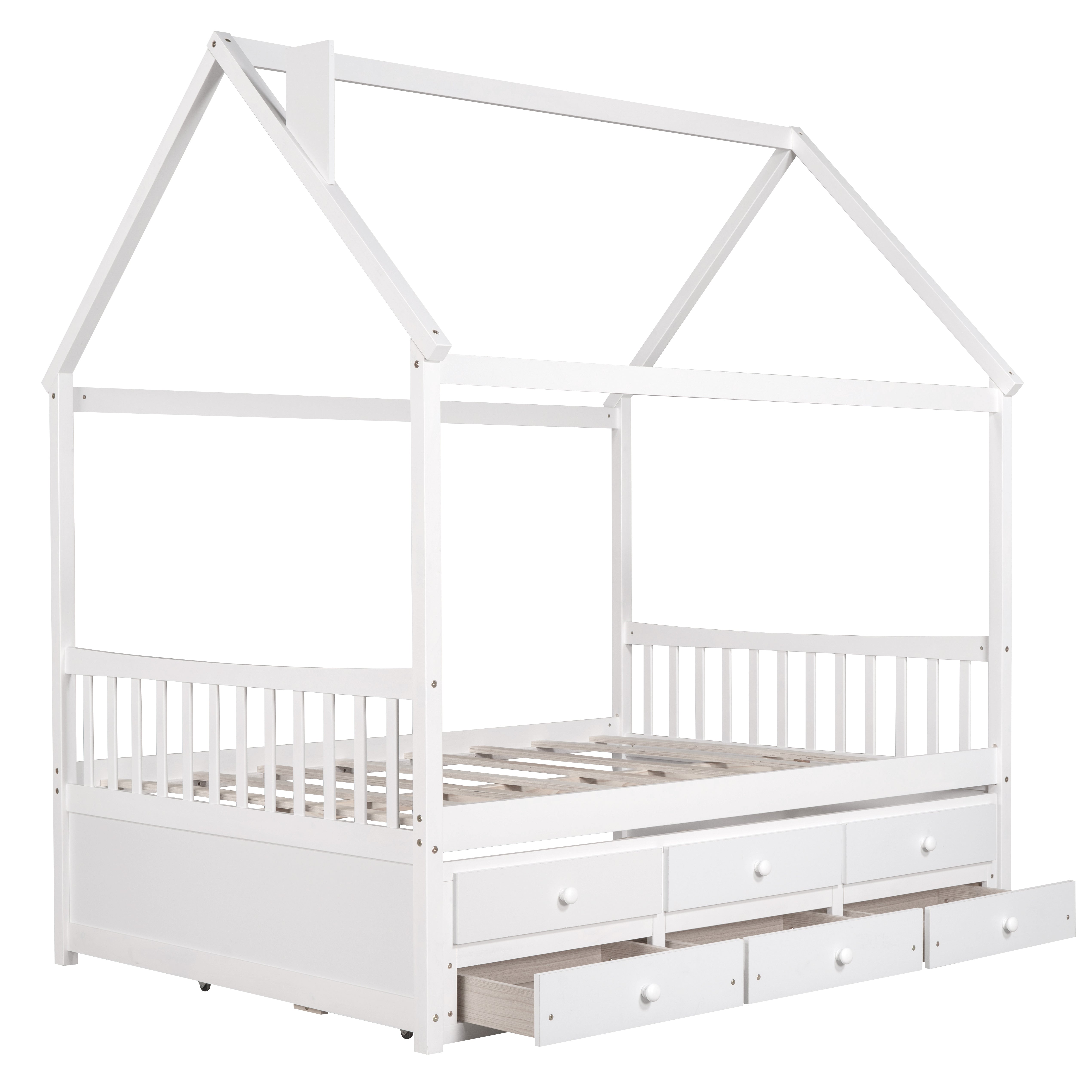 Full size Wooden House Bed with Trundle and 3 Storage Drawers, White