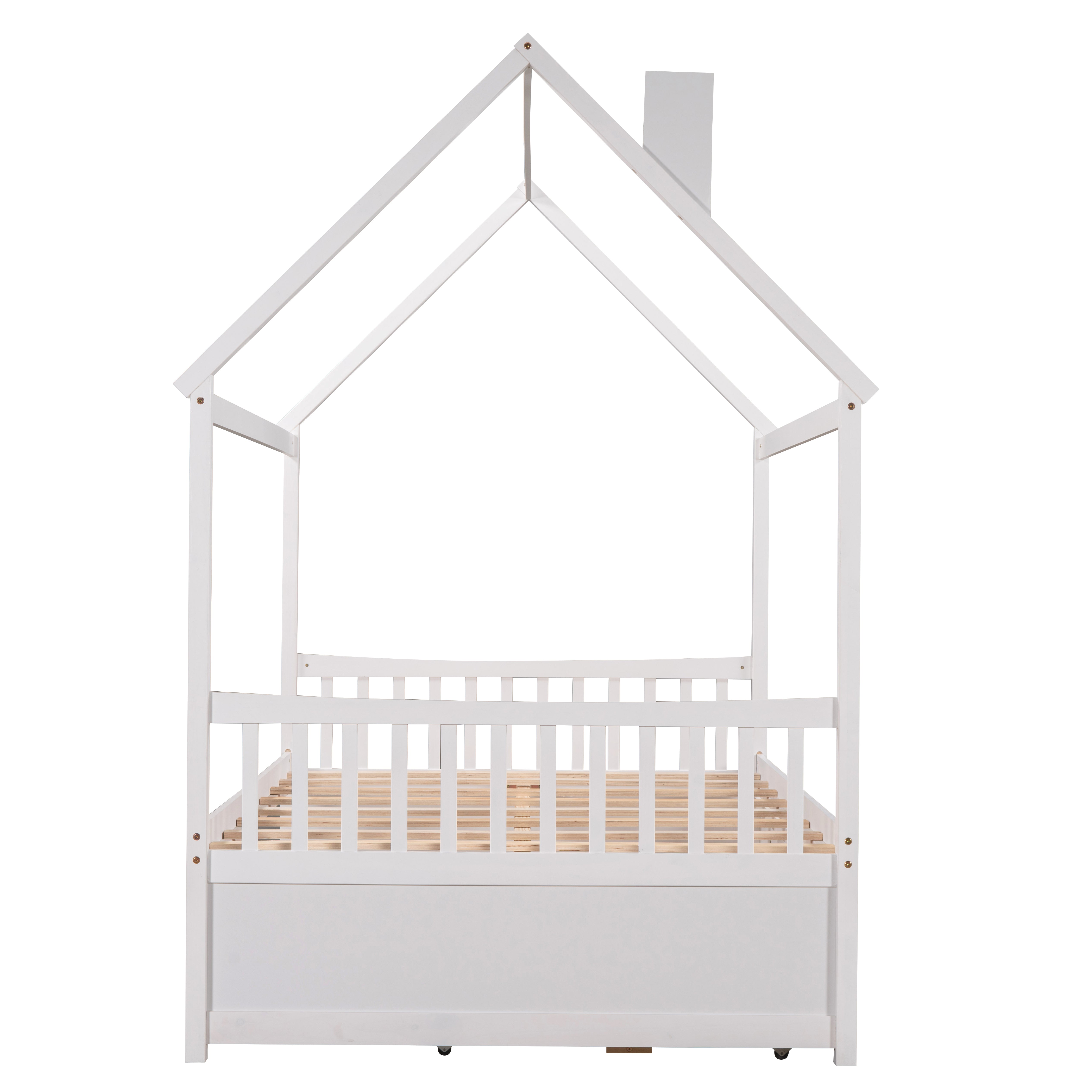 Full size Wooden House Bed with Trundle and 3 Storage Drawers, White