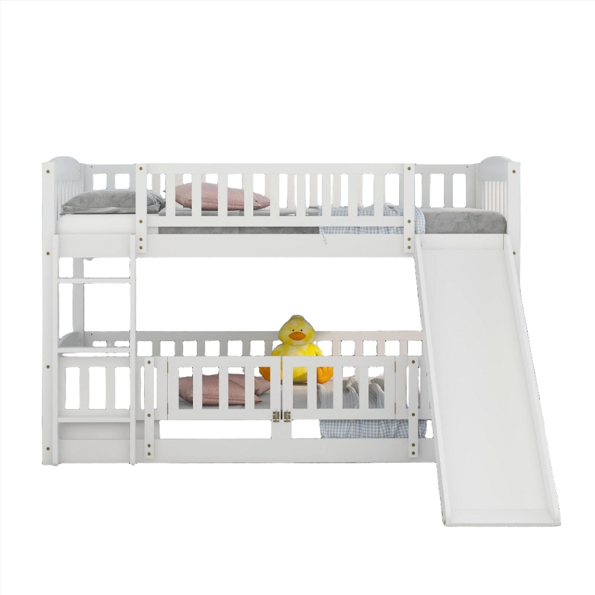 Bunk Bed with Slide,Twin Over Twin Low Bunk Bed with Fence and Ladder for Toddler Kids Teens White