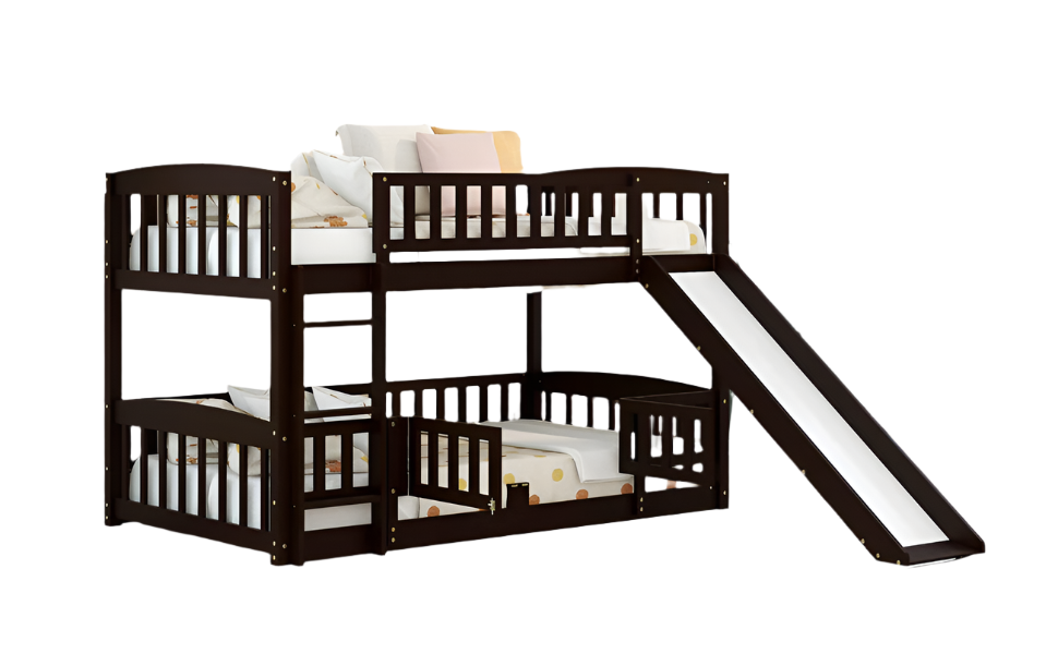 Bunk Bed with Slide,Twin Over Twin Low Bunk Bed with Fence and Ladder for Toddler Kids Teens Espresso