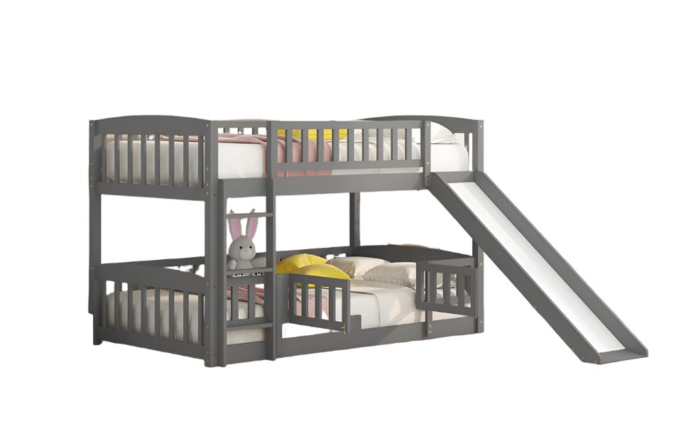 Bunk Bed with Slide,Twin Over Twin Low Bunk Bed with Fence and Ladder for Toddler Kids Teens Grey