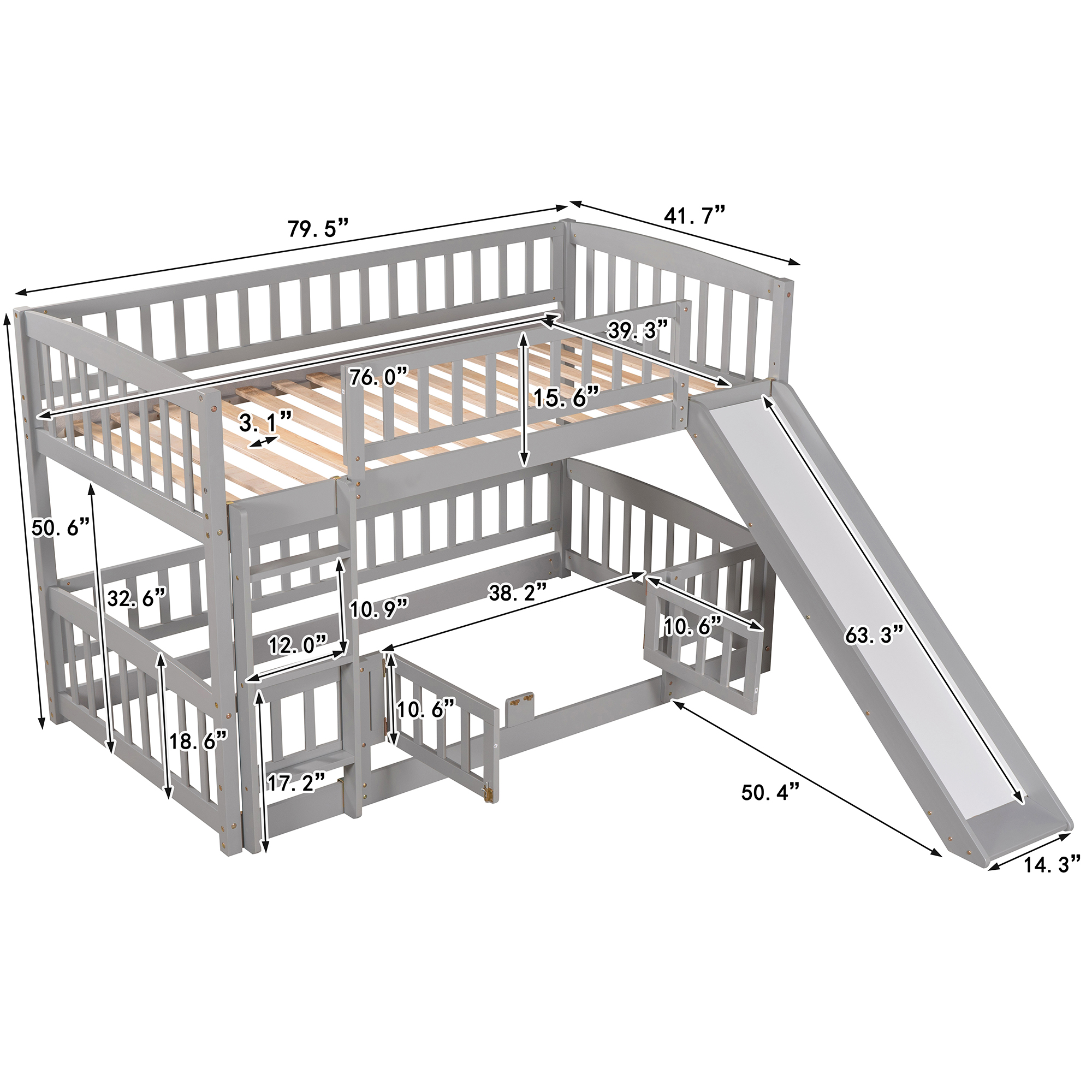 Bunk Bed with Slide,Twin Over Twin Low Bunk Bed with Fence and Ladder for Toddler Kids Teens Grey