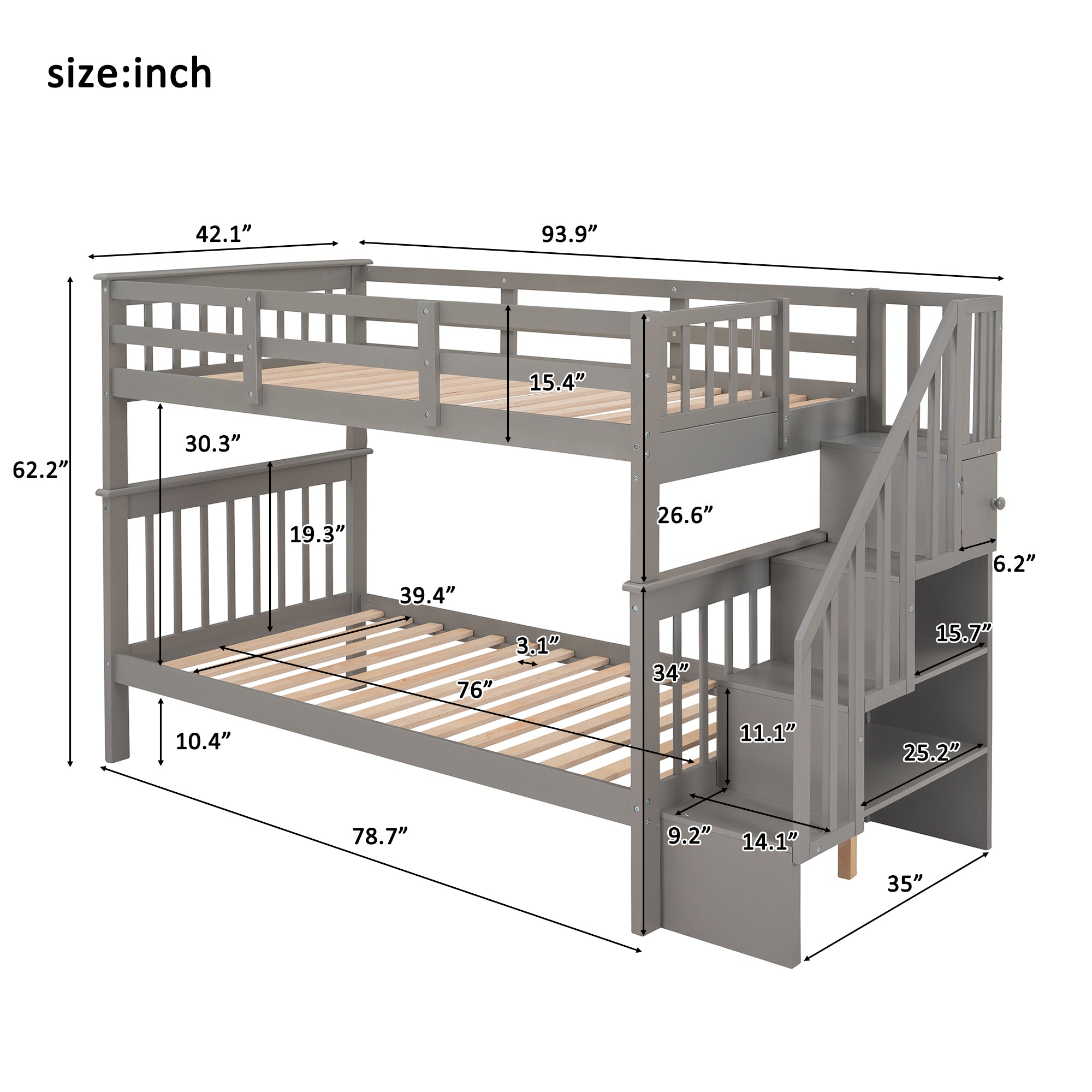 Stairway Twin-Over-Twin Bunk Bed with Storage and Guard Rail for Bedroom, Dorm, Gray color