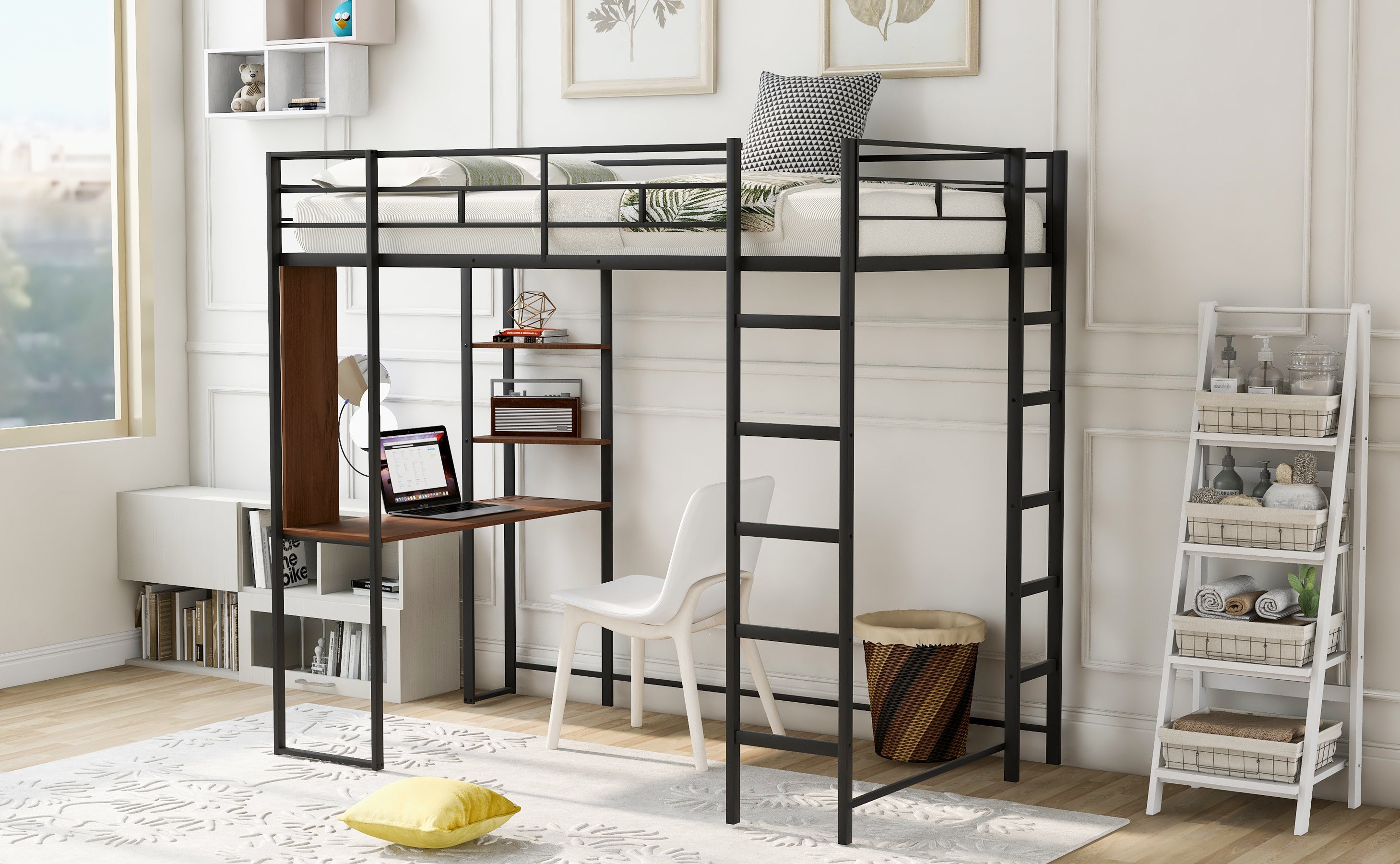 Twin Metal Loft Bed with 2 Shelves and one Desk ,BLACK(