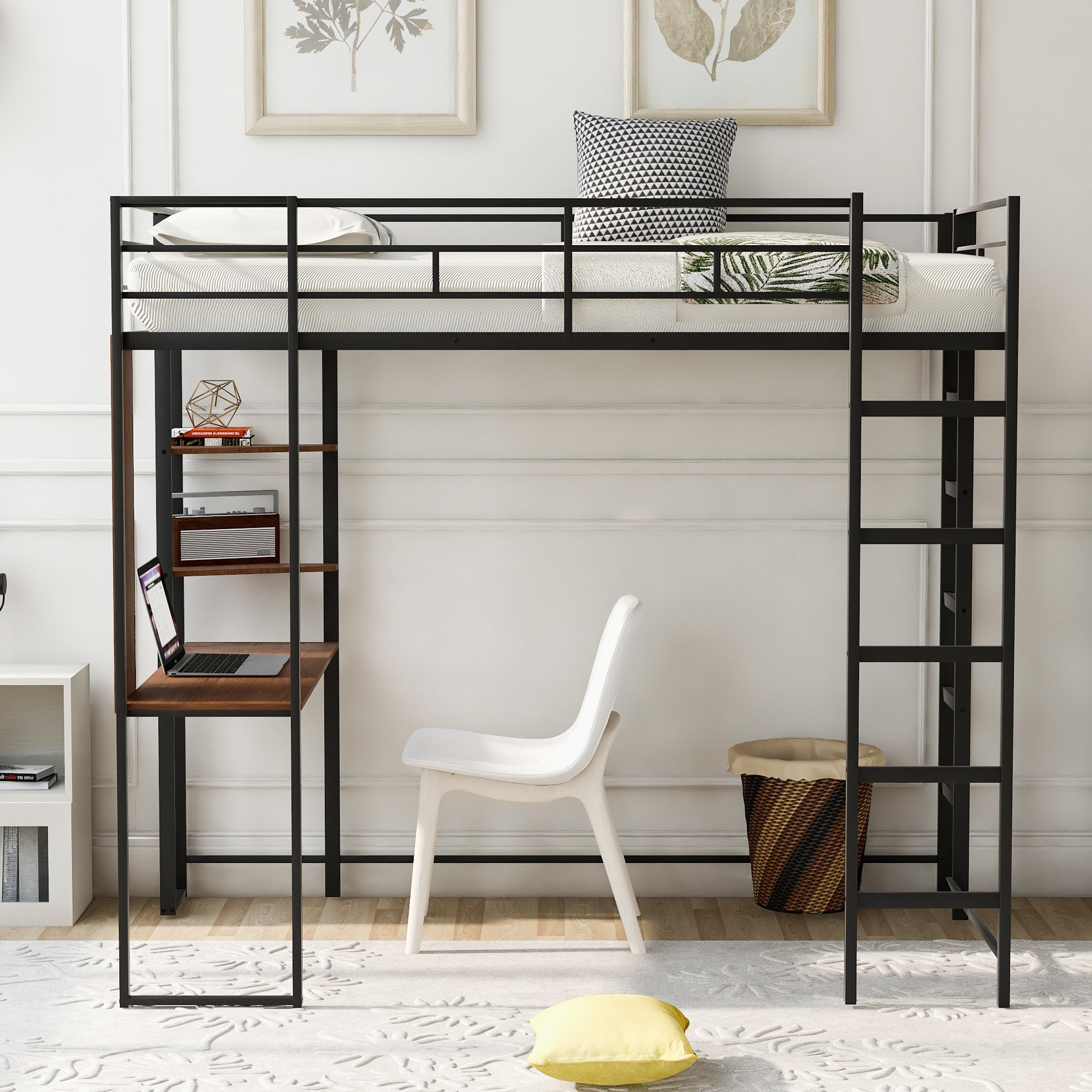 Twin Metal Loft Bed with 2 Shelves and one Desk ,BLACK(