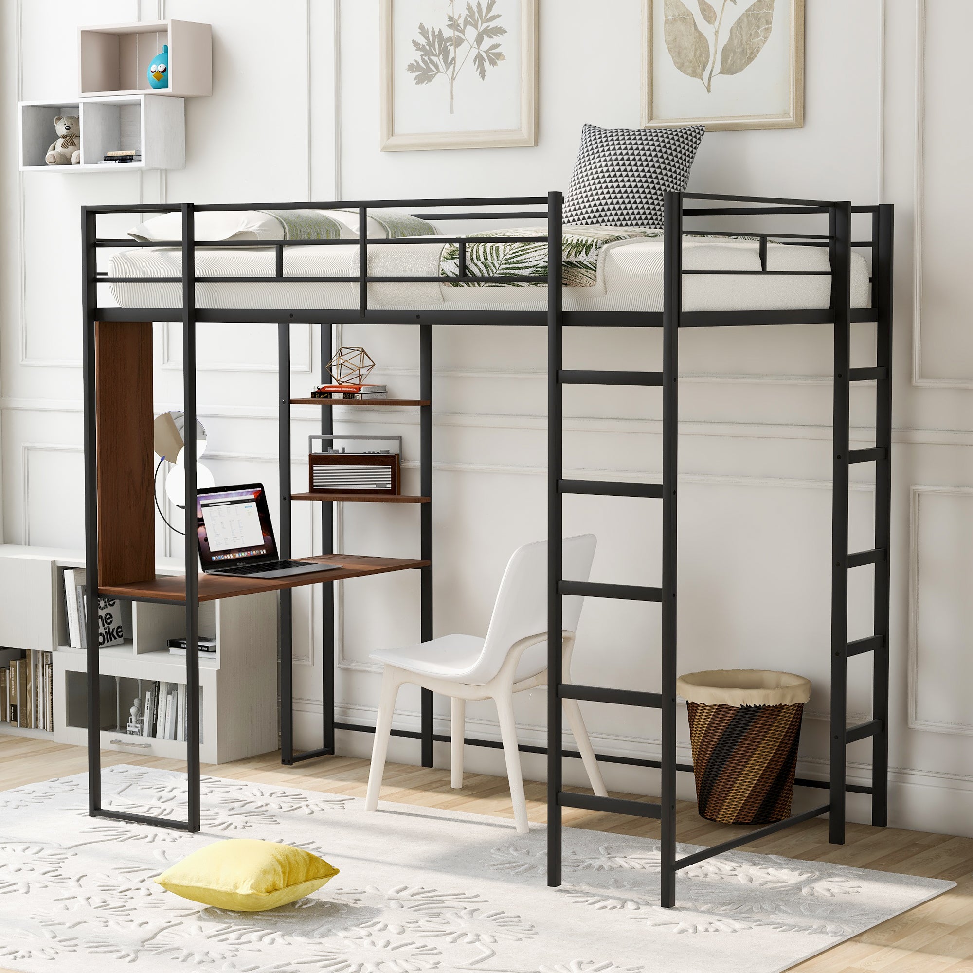 Twin Metal Loft Bed with 2 Shelves and one Desk ,BLACK(