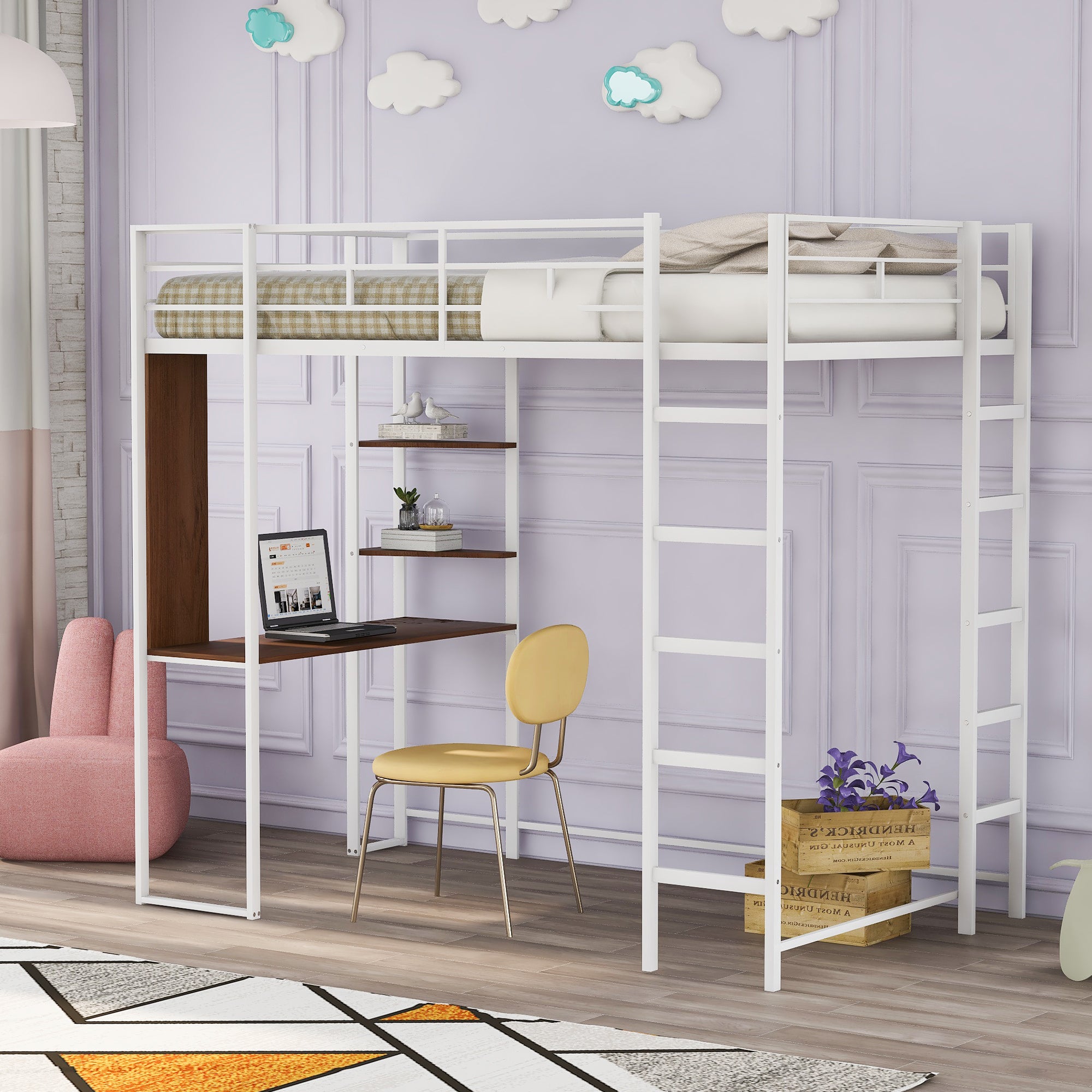 Twin Metal Loft Bed with 2 Shelves and one Desk ,WHITE