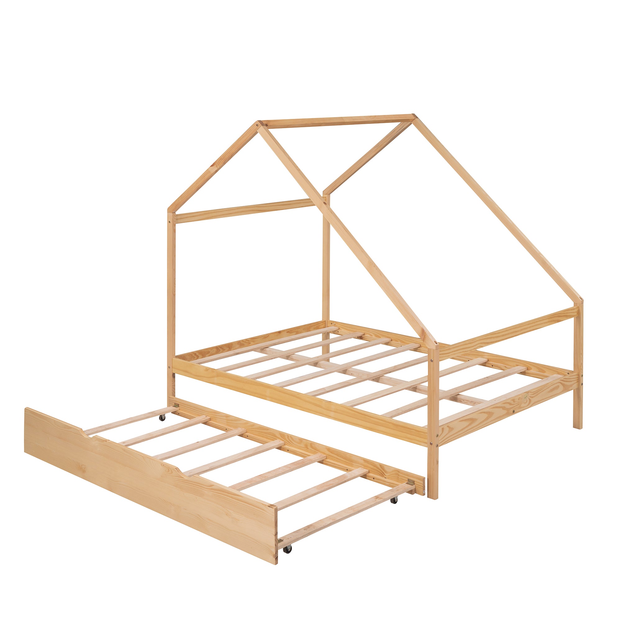 Full Size Wooden House Bed With Twin Size Trundle, Natural