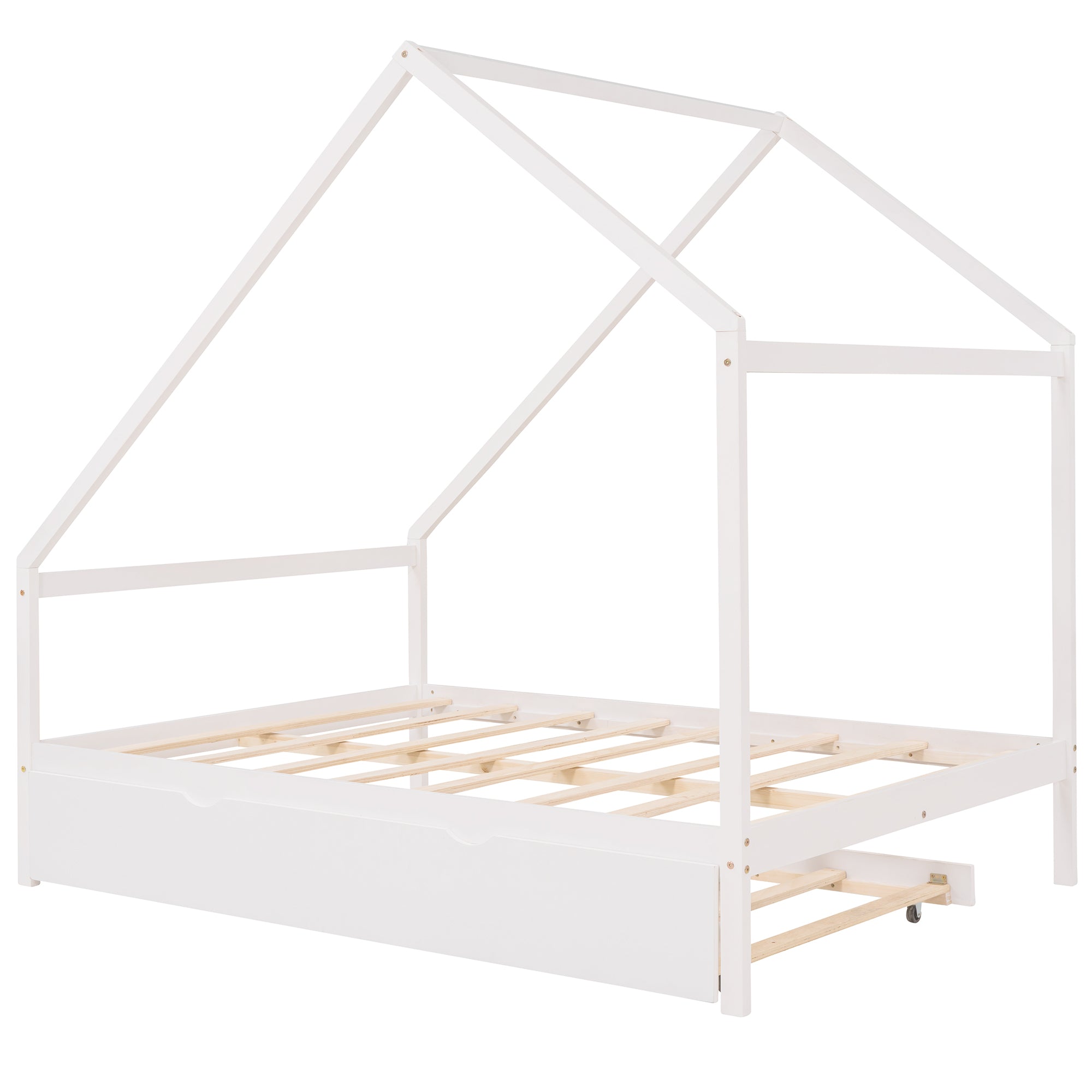 Full Size Wooden House Bed With Twin Size Trundle, White