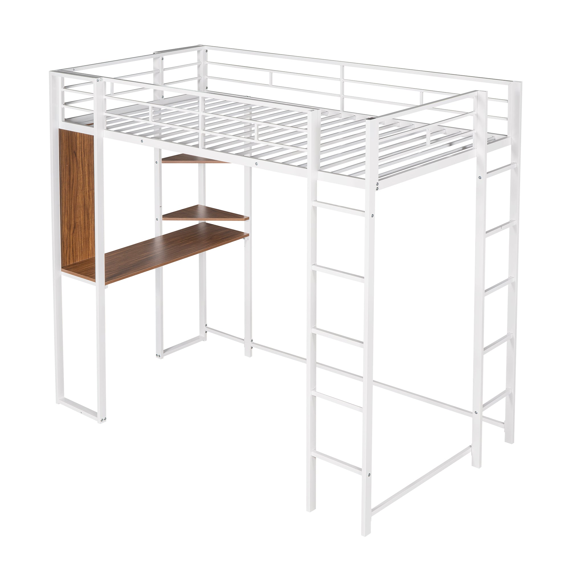 Twin Metal Loft Bed with 2 Shelves and one Desk ,WHITE