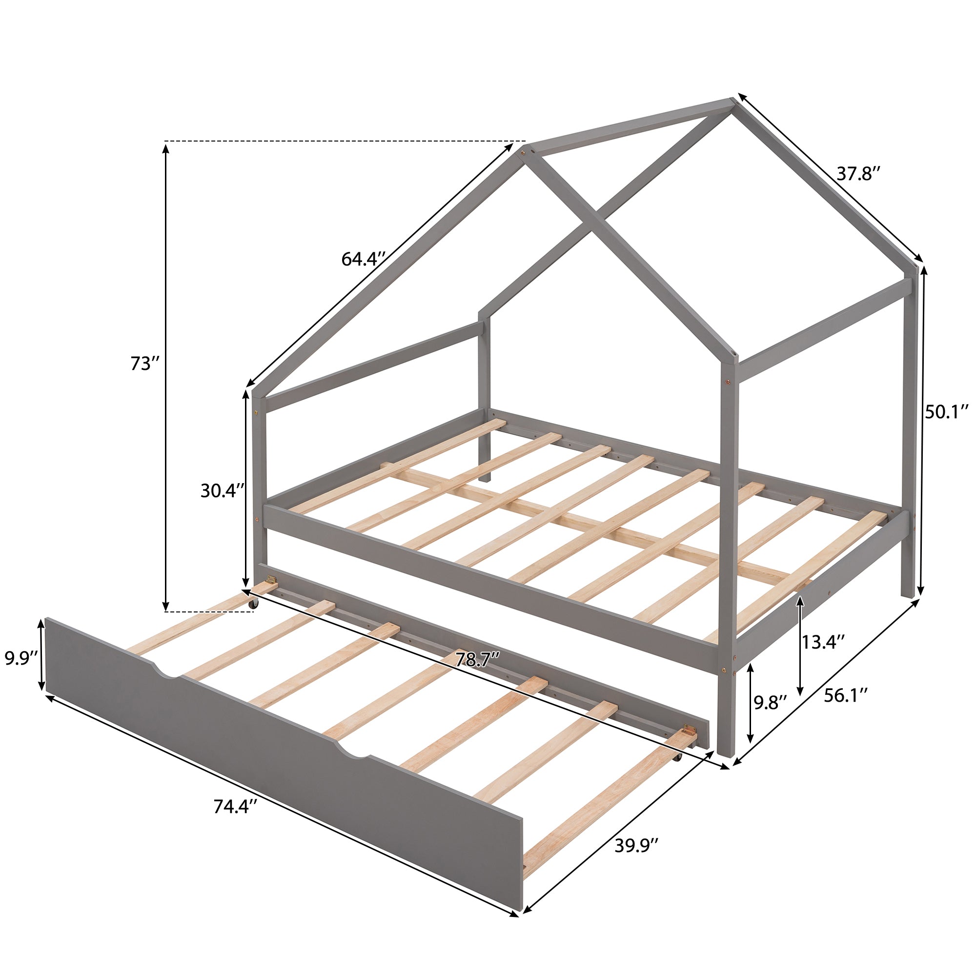 Full Size Wooden House Bed With Twin Size Trundle, Gray