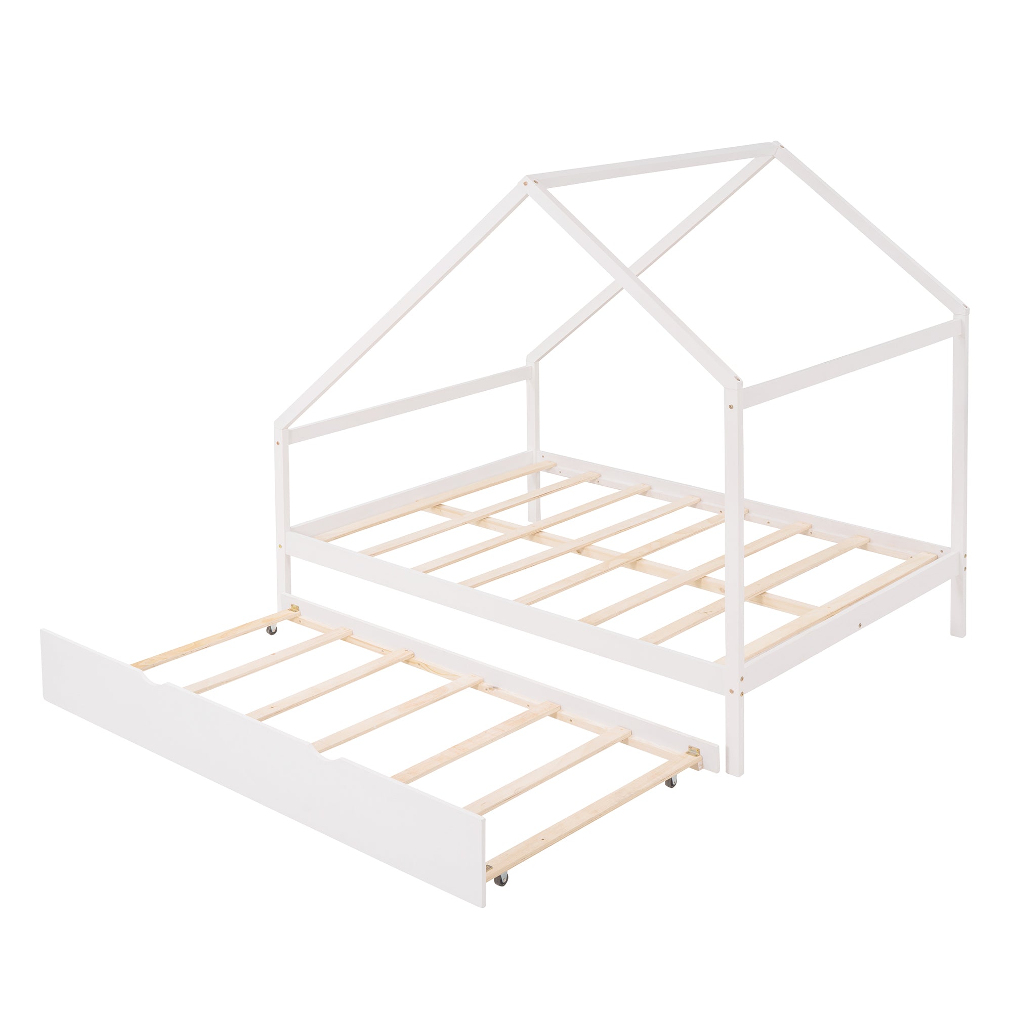 Full Size Wooden House Bed With Twin Size Trundle, White