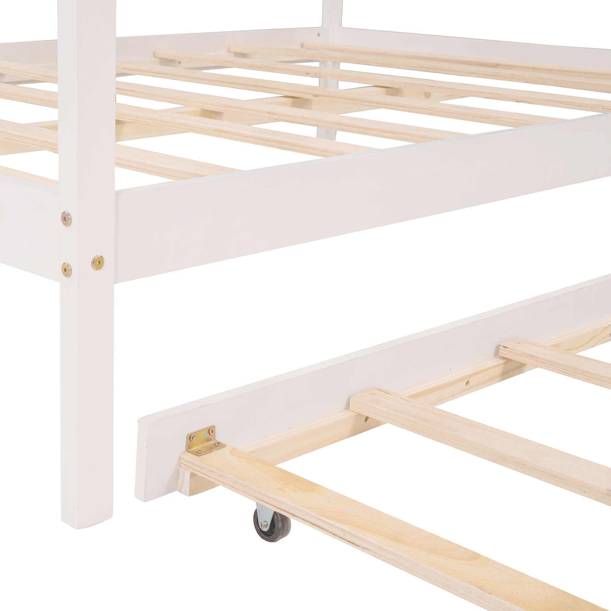 Full Size Wooden House Bed With Twin Size Trundle, White