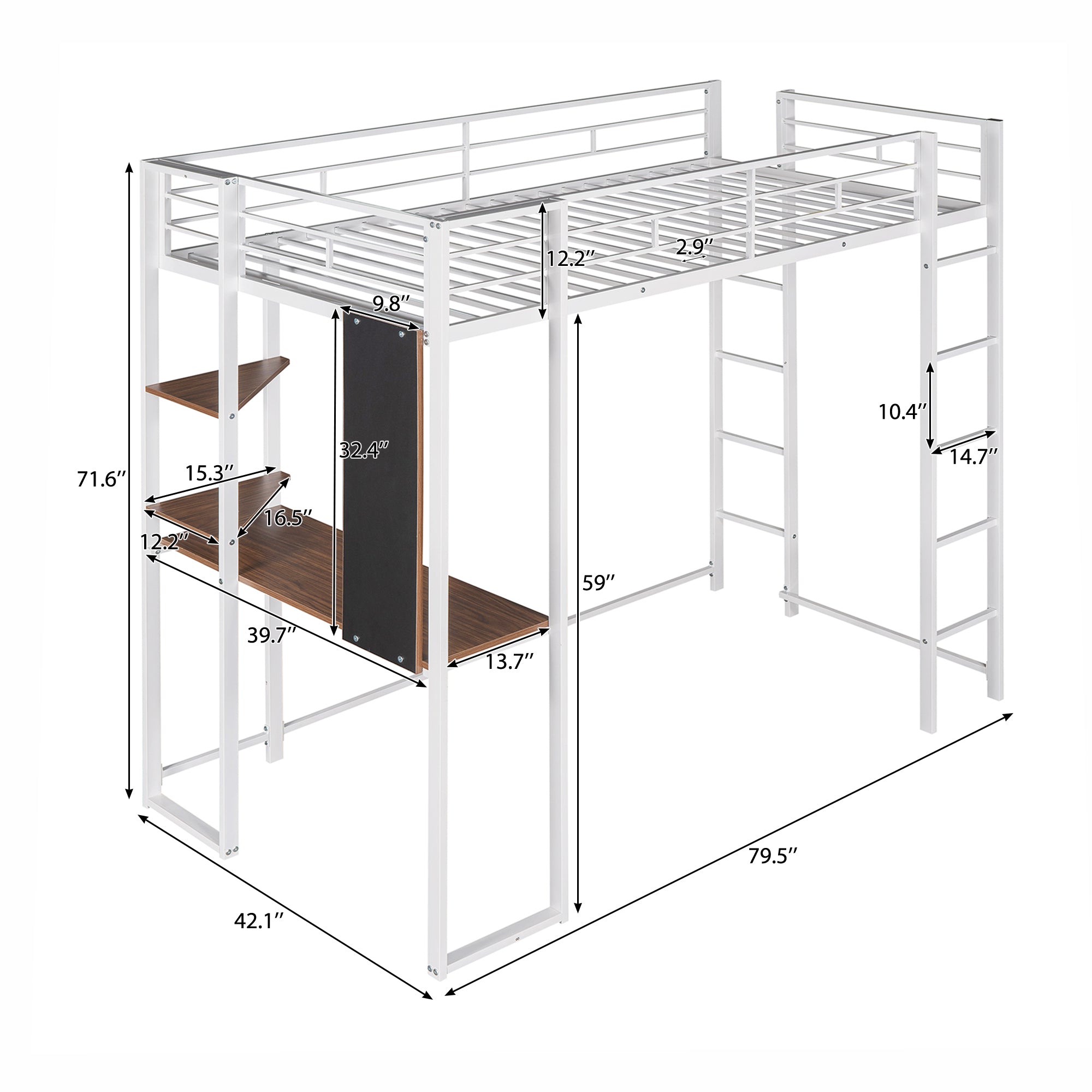 Twin Metal Loft Bed with 2 Shelves and one Desk ,WHITE