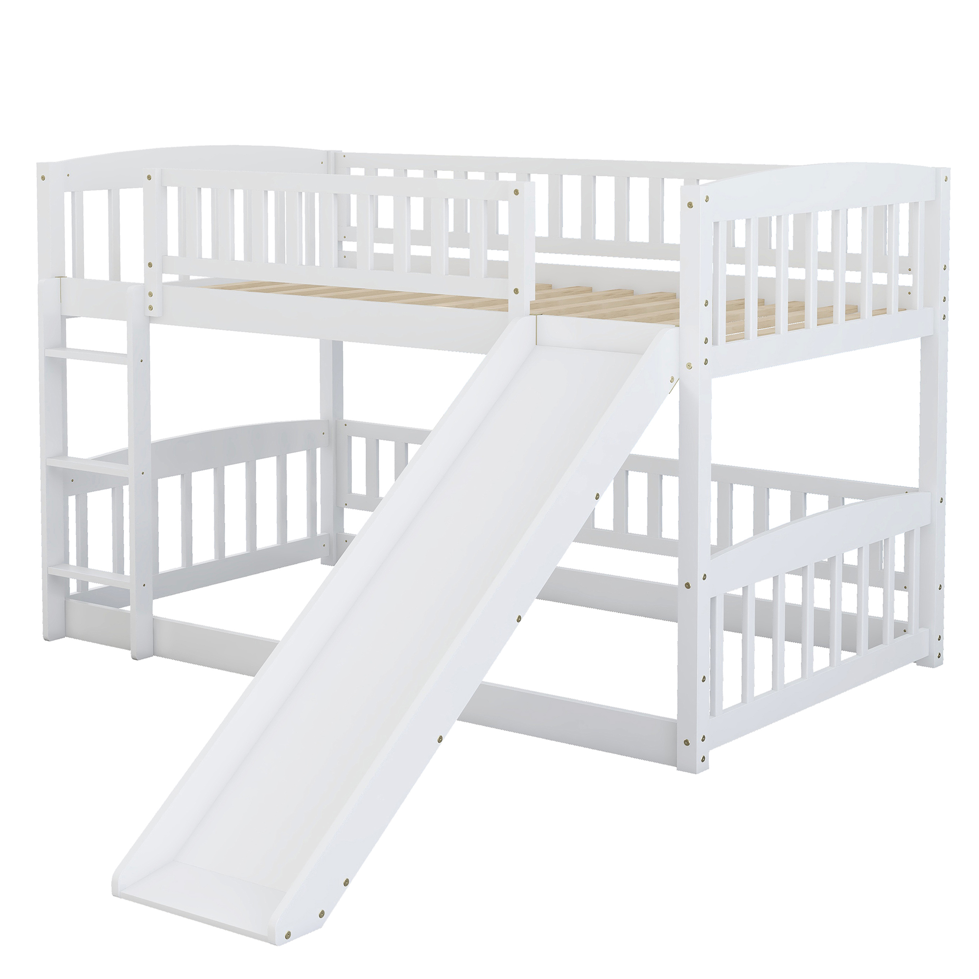 Bunk Bed with Slide,Twin Over Twin Low Bunk Bed with Fence and Ladder for Toddler Kids Teens White