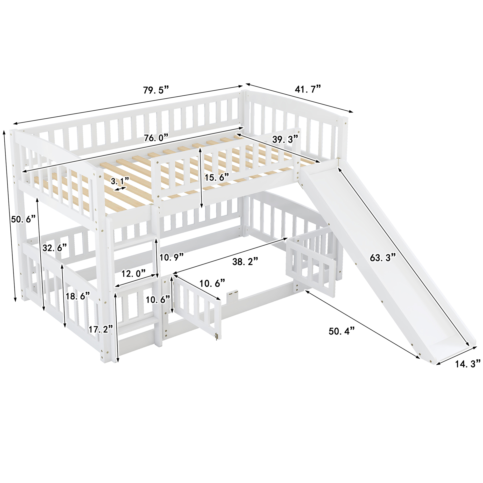 Bunk Bed with Slide,Twin Over Twin Low Bunk Bed with Fence and Ladder for Toddler Kids Teens White