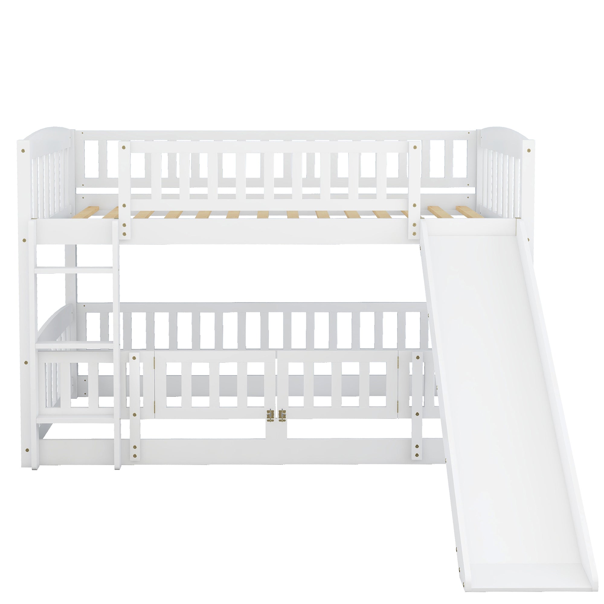 Bunk Bed with Slide,Twin Over Twin Low Bunk Bed with Fence and Ladder for Toddler Kids Teens White