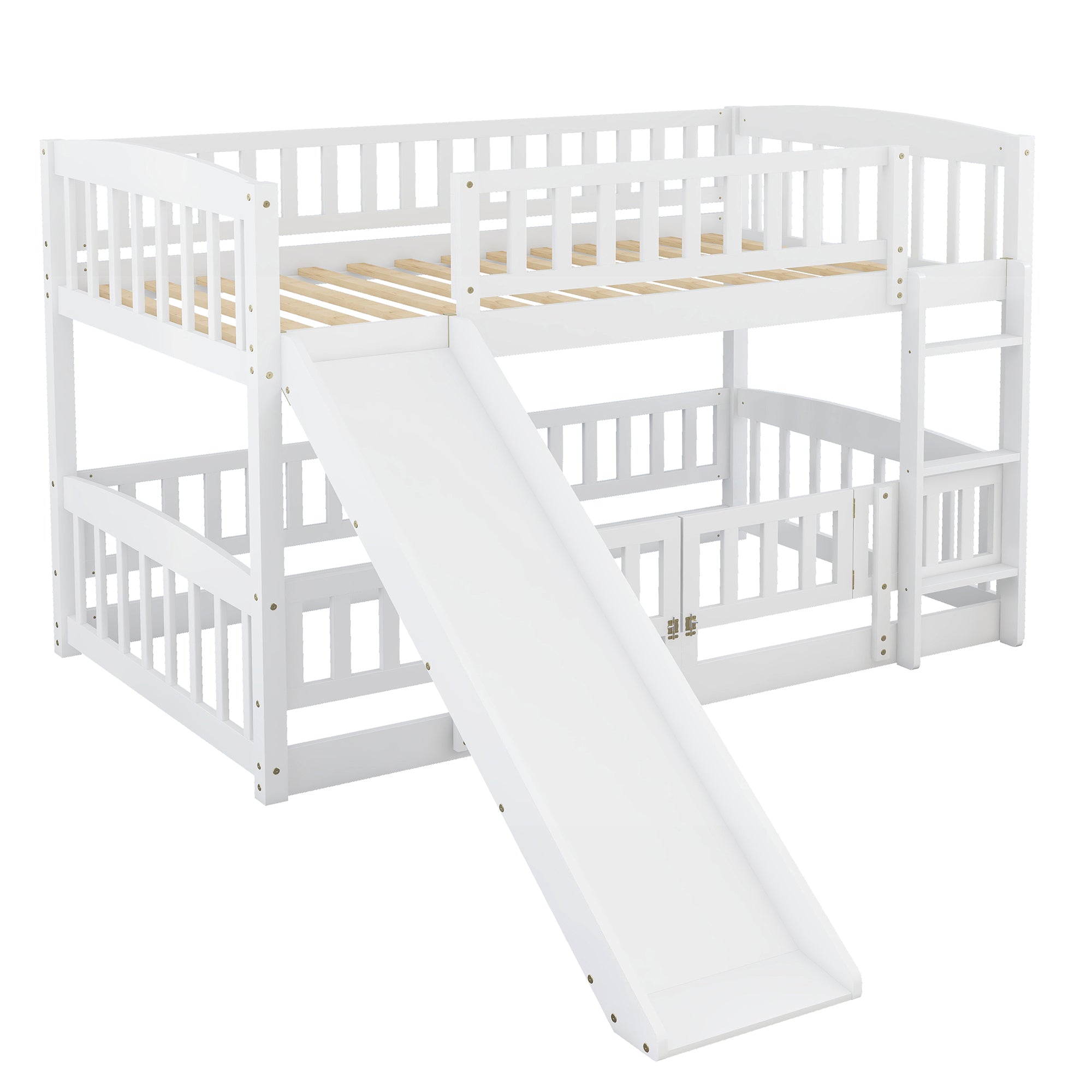 Bunk Bed with Slide,Twin Over Twin Low Bunk Bed with Fence and Ladder for Toddler Kids Teens White