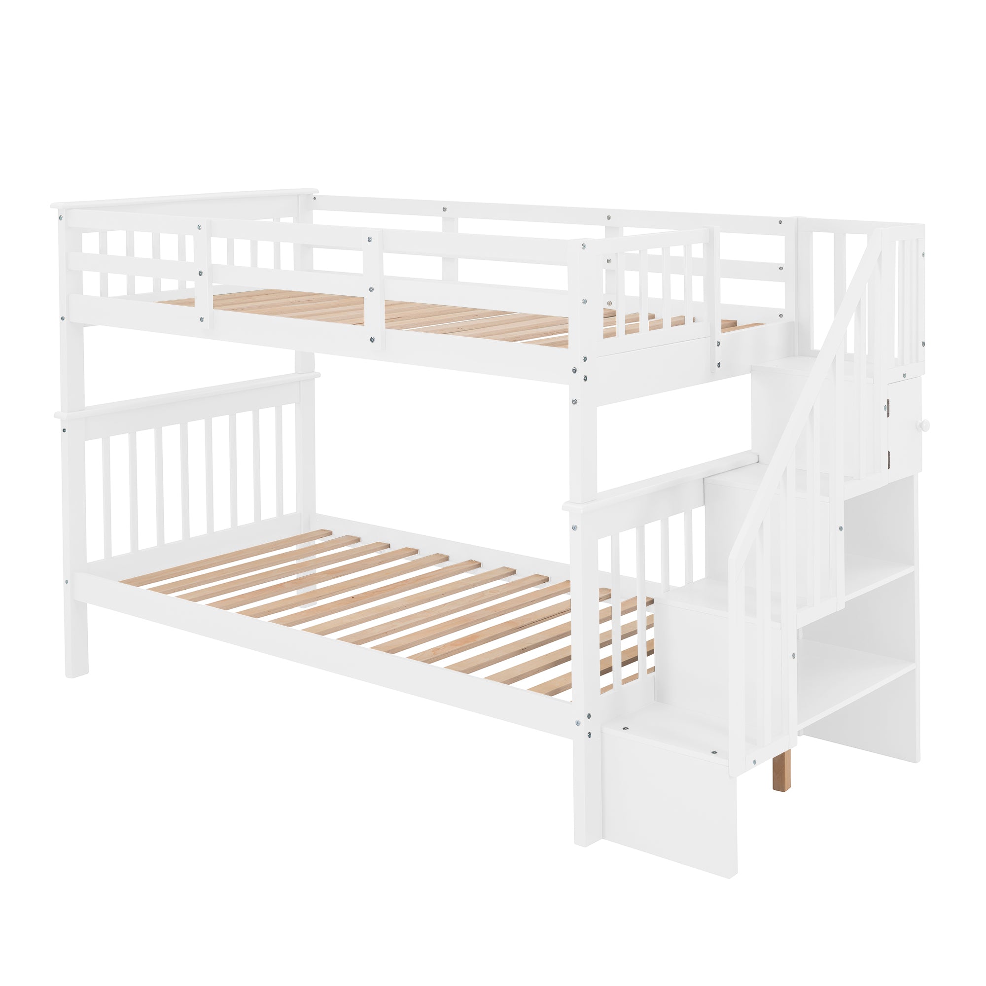 Stairway Twin-Over-Twin Bunk Bed with Storage and Guard Rail for Bedroom, Dorm, White color