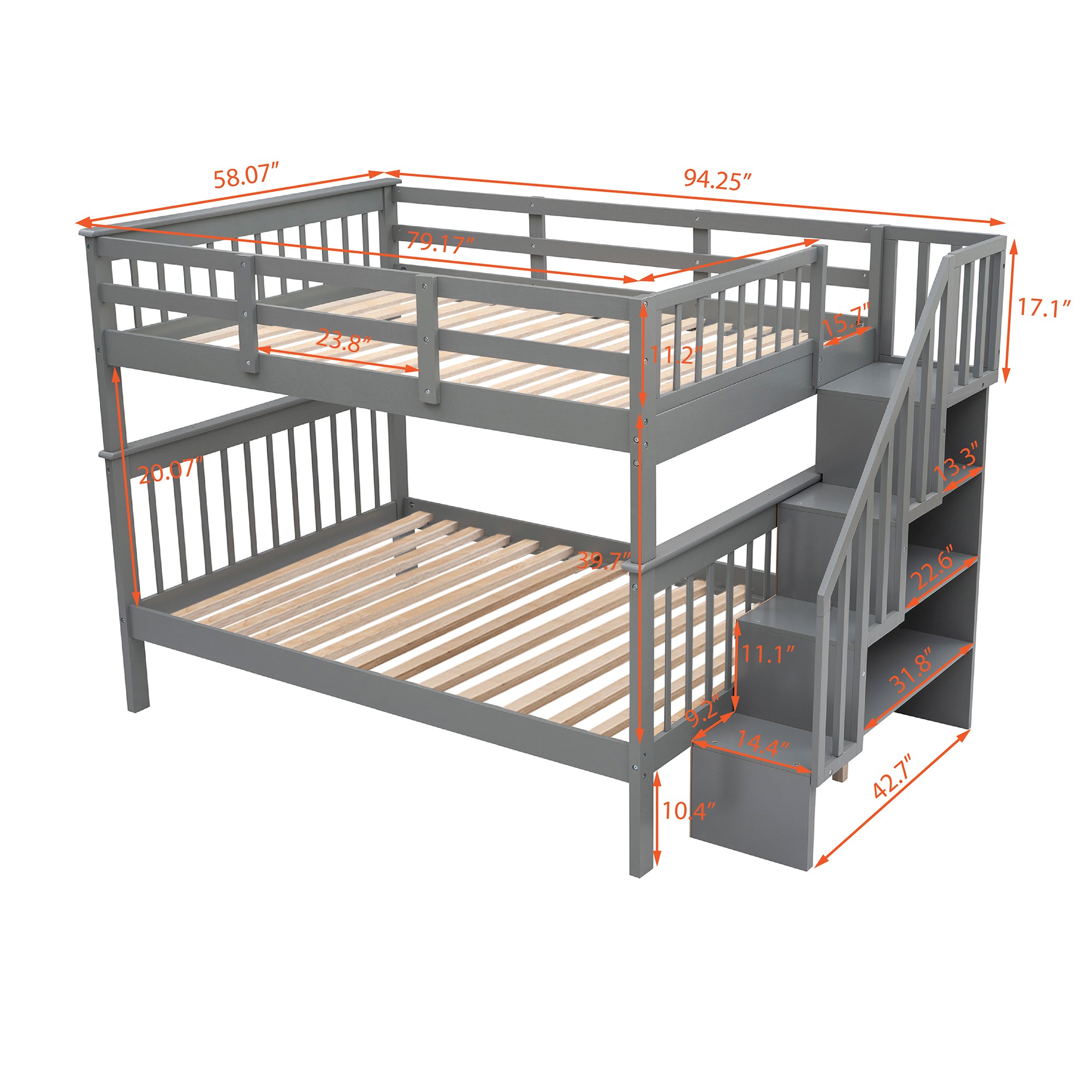 Stairway Full-Over-Full Bunk Bed with Storage and Guard Rail for Bedroom, Dorm, Gray