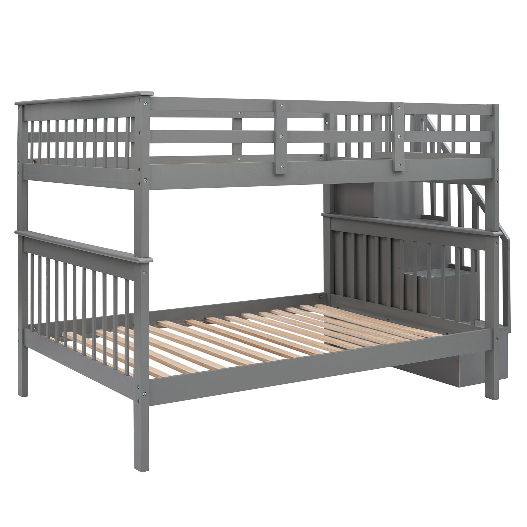 Stairway Full-Over-Full Bunk Bed with Storage and Guard Rail for Bedroom, Dorm, Gray