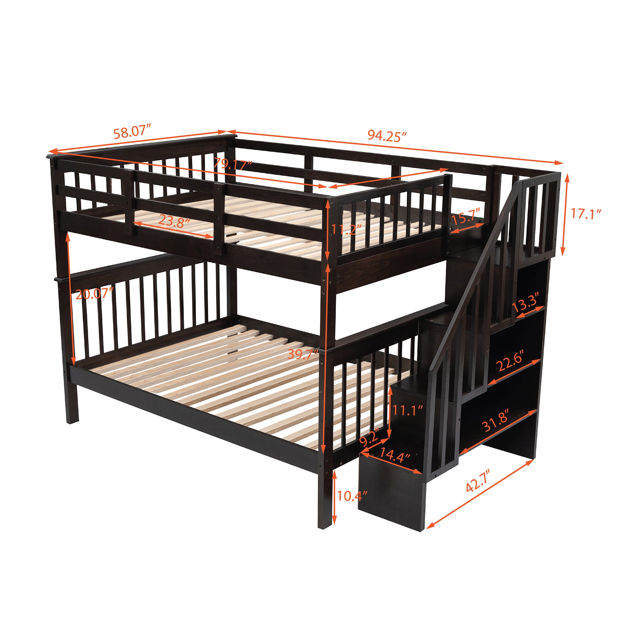 Stairway Full-Over-Full Bunk Bed with Storage and Guard Rail for Bedroom, Dorm, Espresso