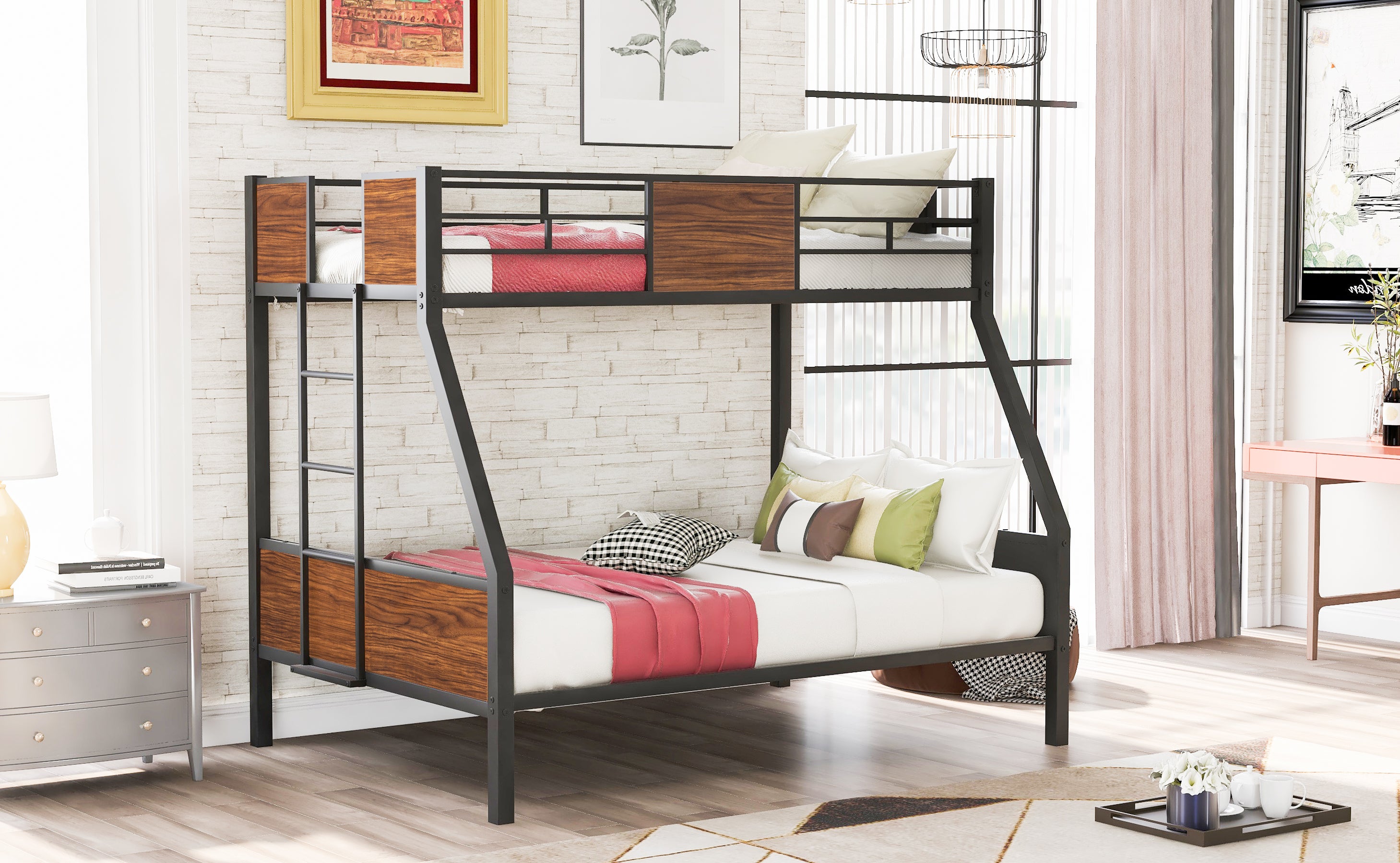 Twin-over-full bunk bed modern style steel frame bunk bed with safety rail, built-in ladder for bedroom, dorm, boys, girls, adults