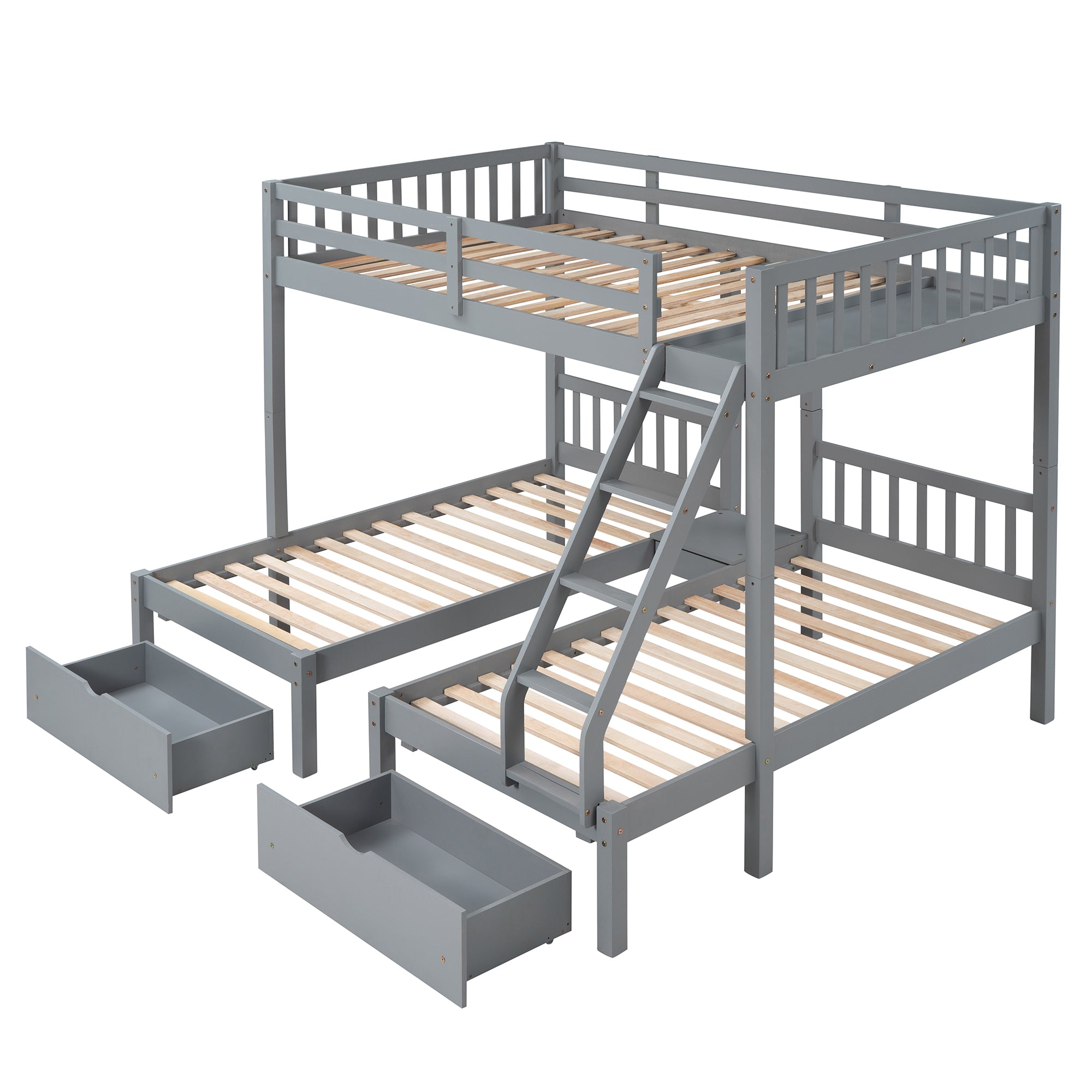 Full Over Twin & Twin Bunk Bed, Wood Triple Bunk Bed with Drawers and Guardrails, Gray