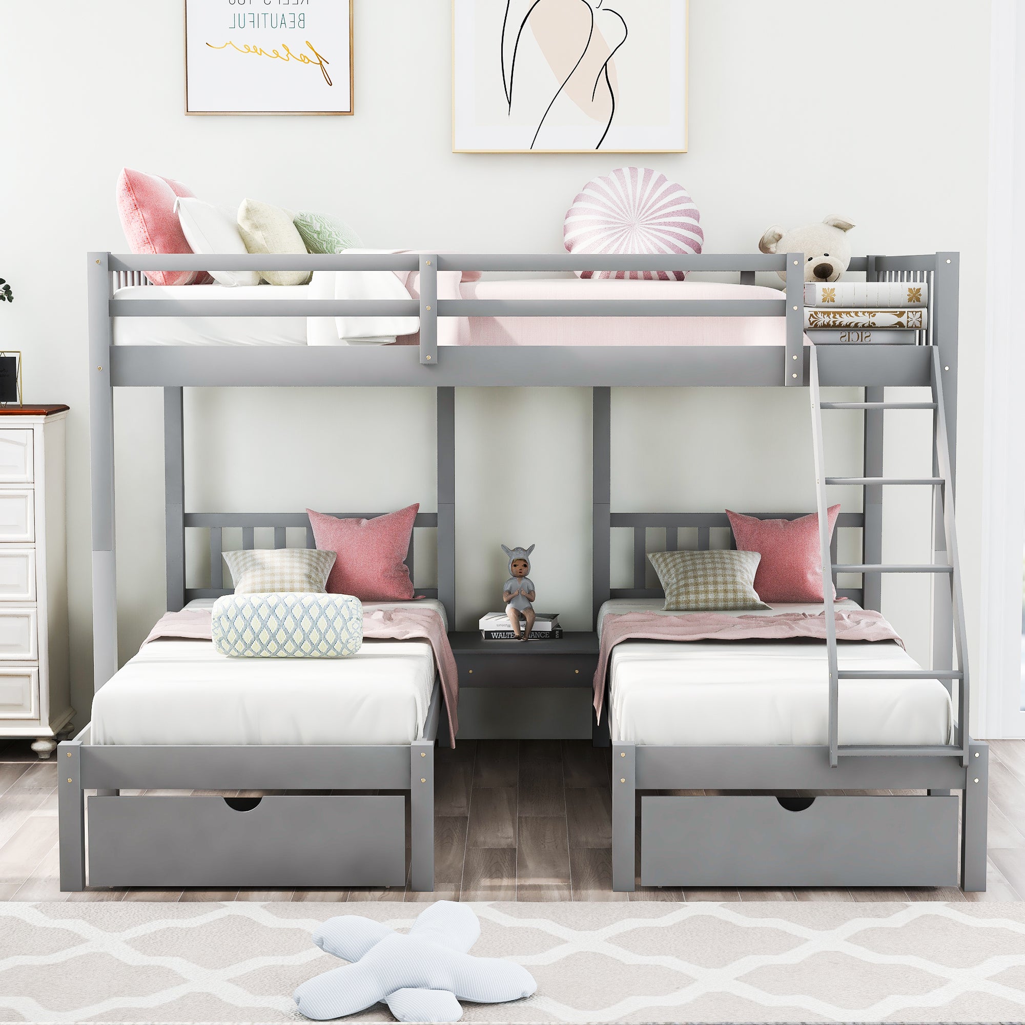 Full Over Twin & Twin Bunk Bed, Wood Triple Bunk Bed with Drawers and Guardrails, Gray