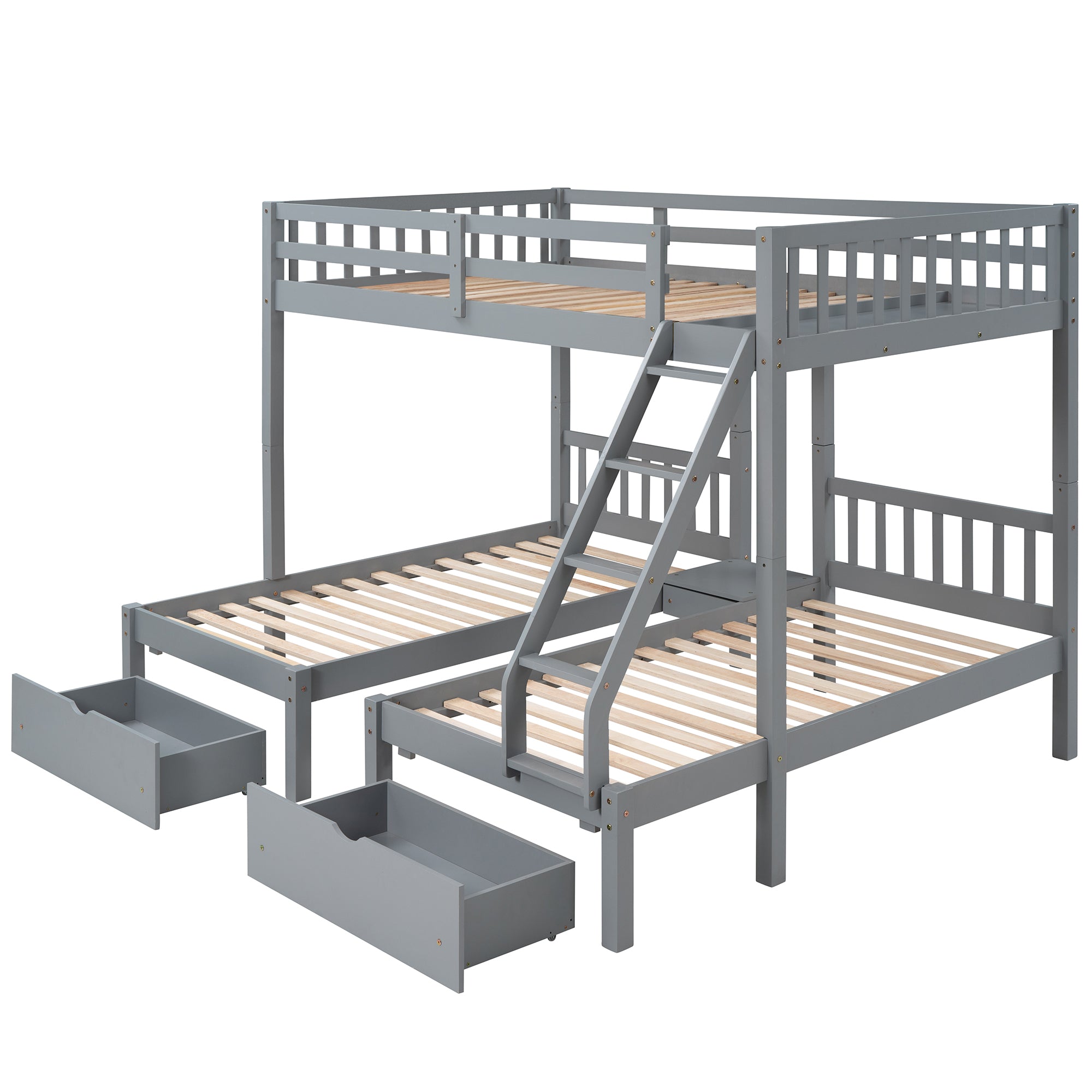 Full Over Twin & Twin Bunk Bed, Wood Triple Bunk Bed with Drawers and Guardrails, Gray